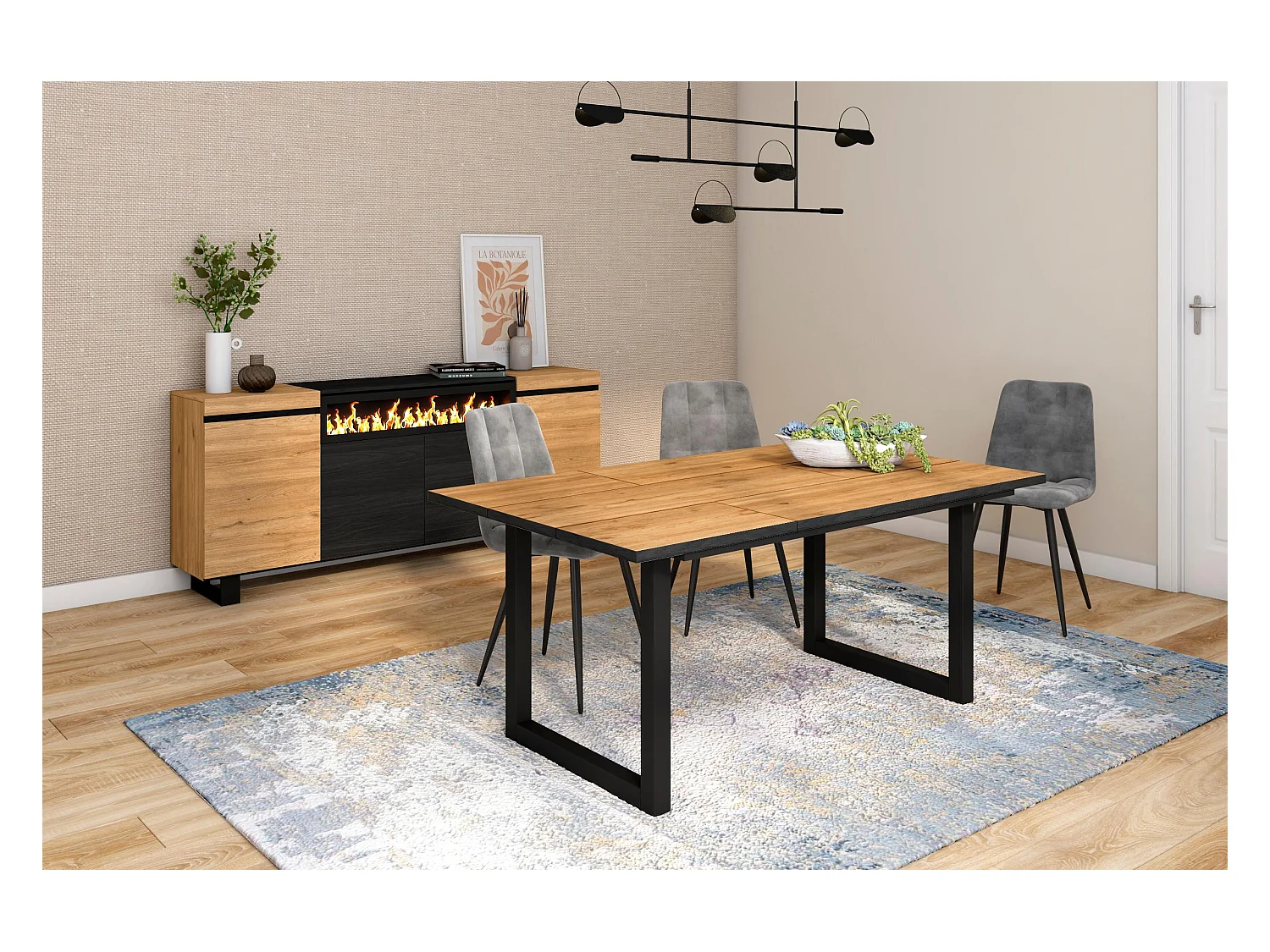 Mesa de Comedor, 8 Comensales, 167x90x75cm, Robusta y estable gracias a su estructura y patas macizas, Roble y Borde Negro, Industrial