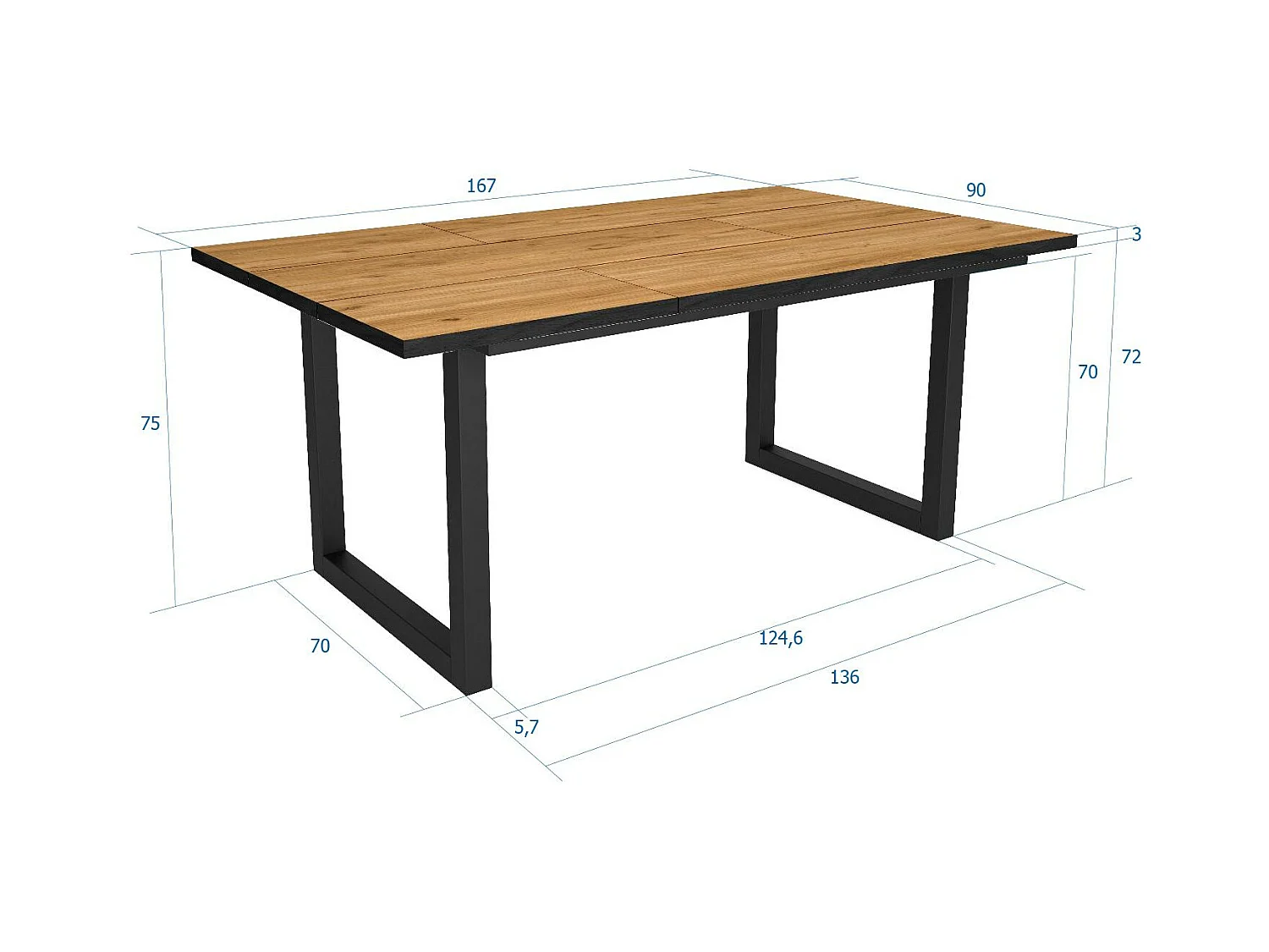 Mesa de Comedor, 8 Comensales, 167x90x75cm, Robusta y estable gracias a su estructura y patas macizas, Roble y Borde Negro, Industrial