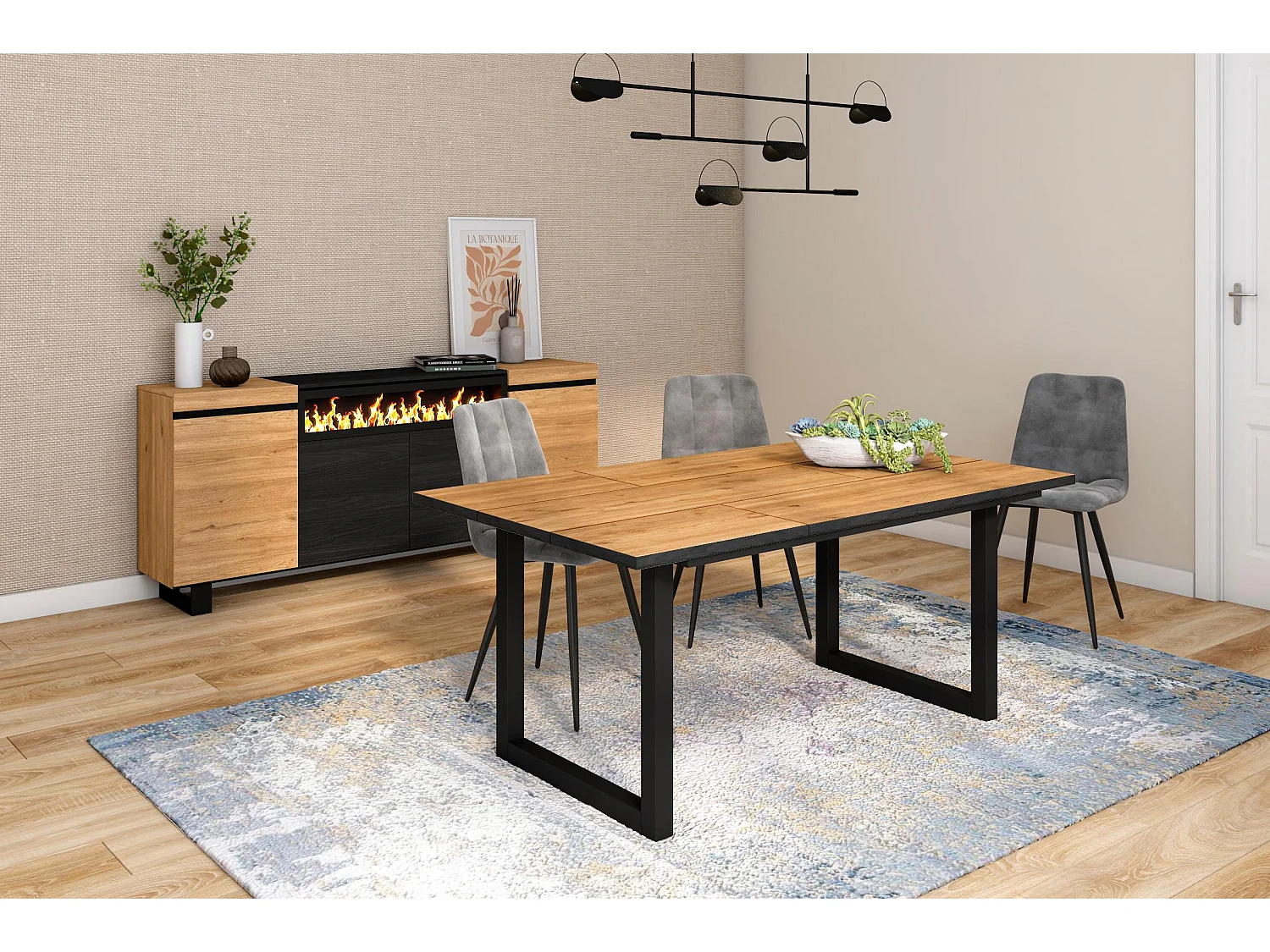 Table à manger, 8 personnes, 167x90x75cm, Robuste et stable grâce à sa structure et aux pieds solides,  Chêne et noir, industriel