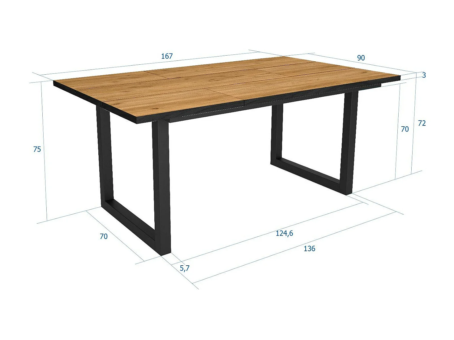 Table à manger, 8 personnes, 167x90x75cm, Robuste et stable grâce à sa structure et aux pieds solides,  Chêne et noir, industriel