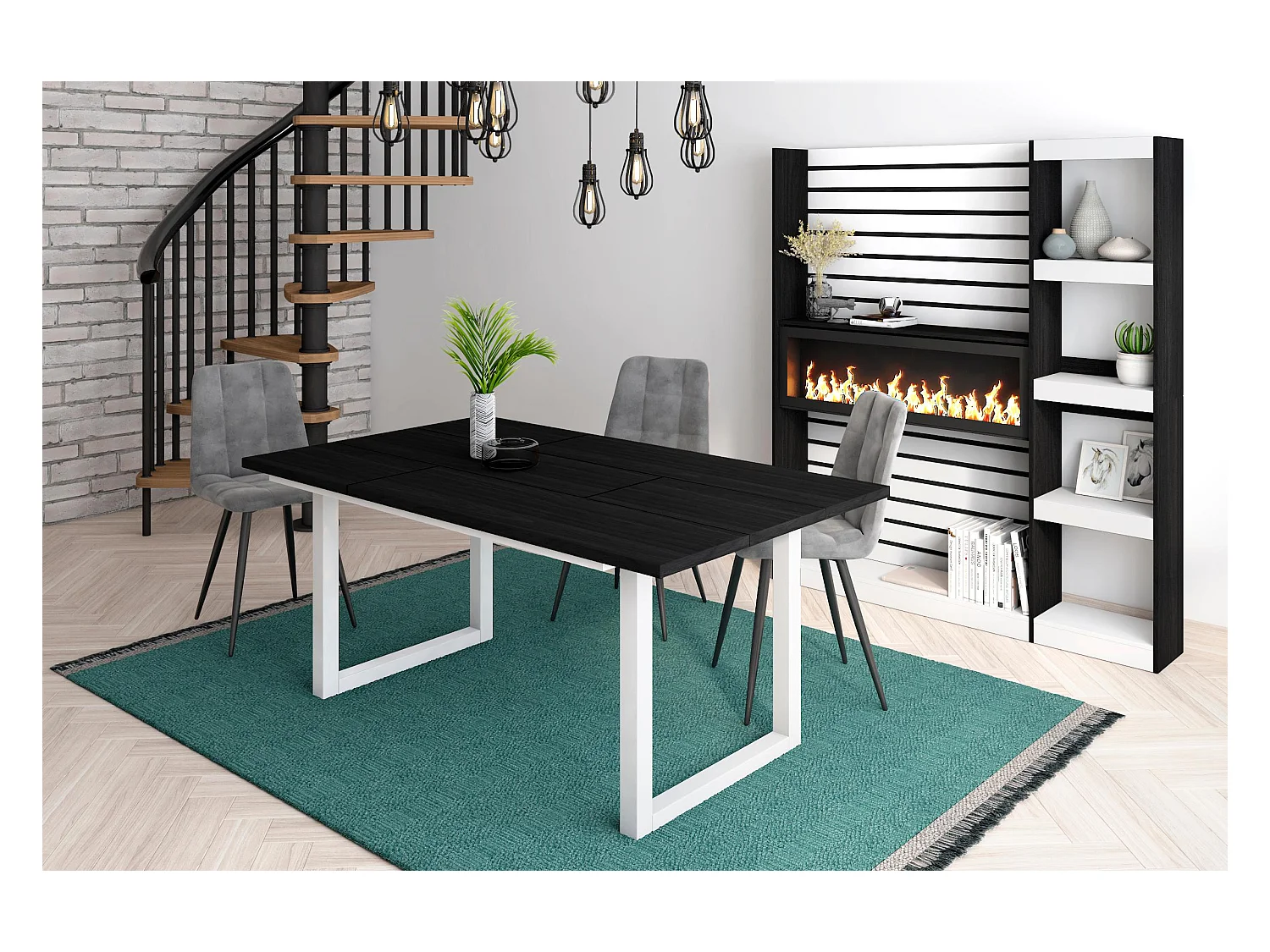 Table à manger, 8 personnes, 167x90x75cm, Robuste et stable grâce à sa structure et aux pieds solides, Noir, Style industriel