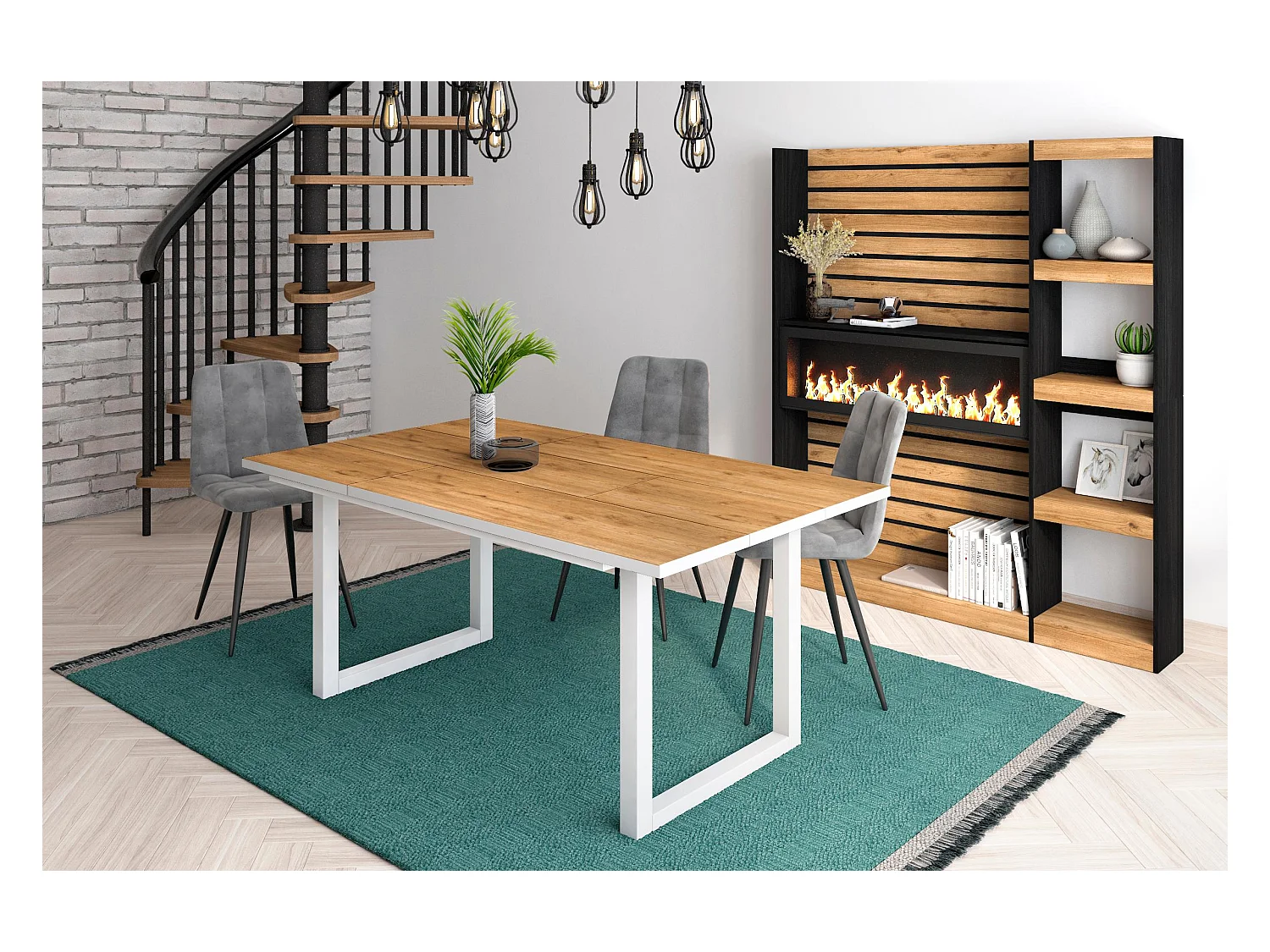 Eettafel, 8 personen, 167x90x75cm, Robuust en stabiel dankzij zijn structuur en solide poten, Eiken en witte , Industriële stijl