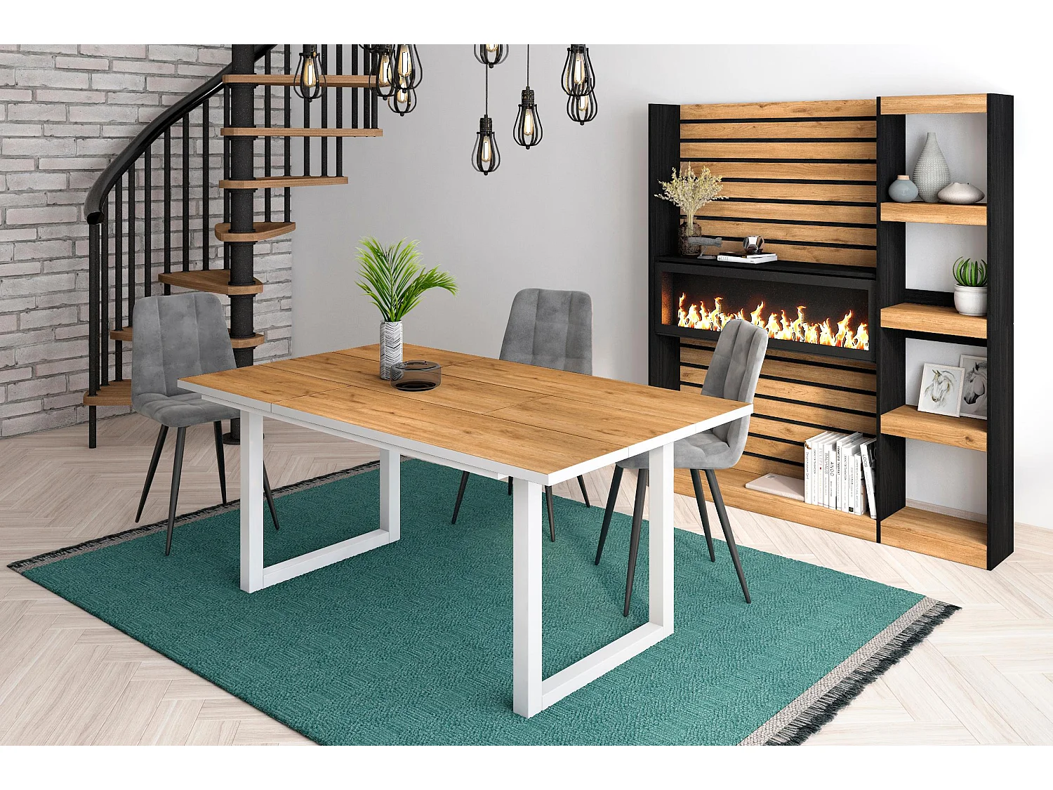 Table à manger, 8 personnes, 167x90x75cm, Robuste et stable grâce à sa structure et aux pieds solides,  Chêne et blanc, industriel