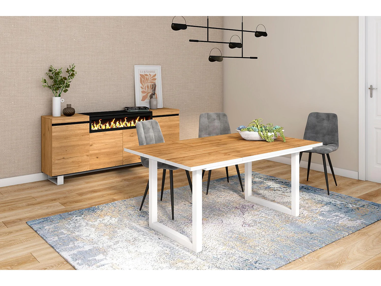 Table à manger, 8 personnes, 167x90x75cm, Robuste et stable grâce à sa structure et aux pieds solides,  Chêne et blanc, industriel