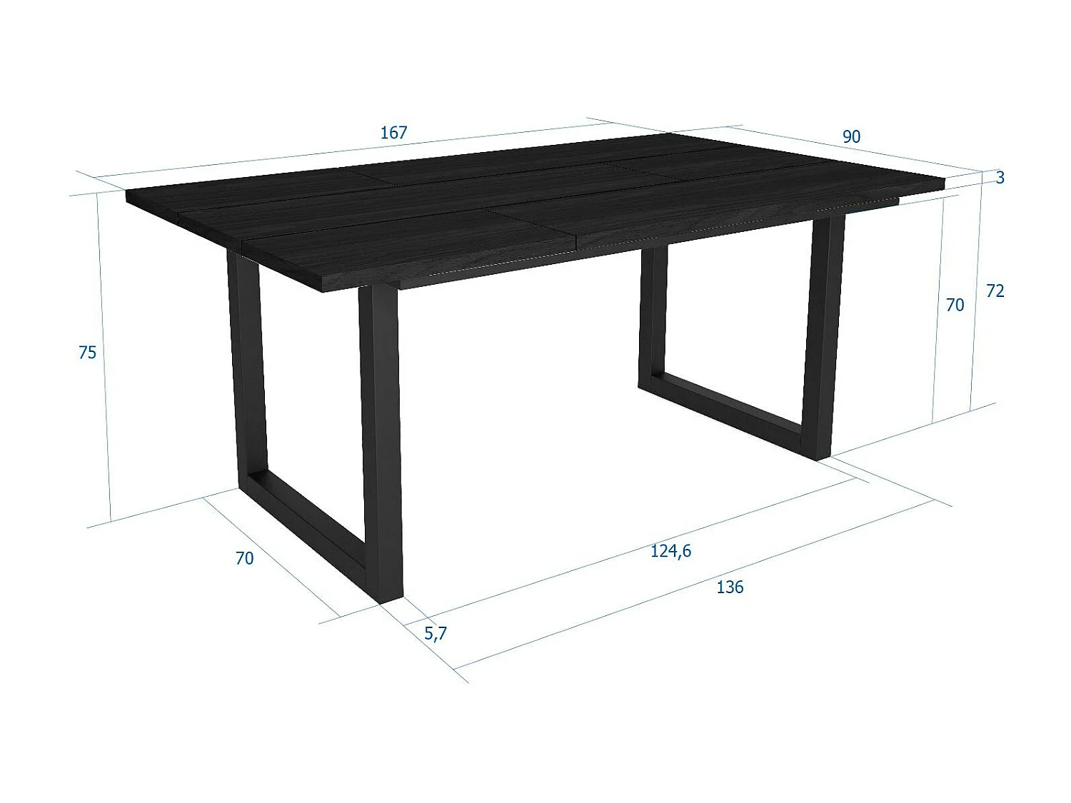 Table à manger, 8 personnes, 167x90x75cm, Robuste et stable grâce à sa structure et aux pieds solides, Noir, Style industriel