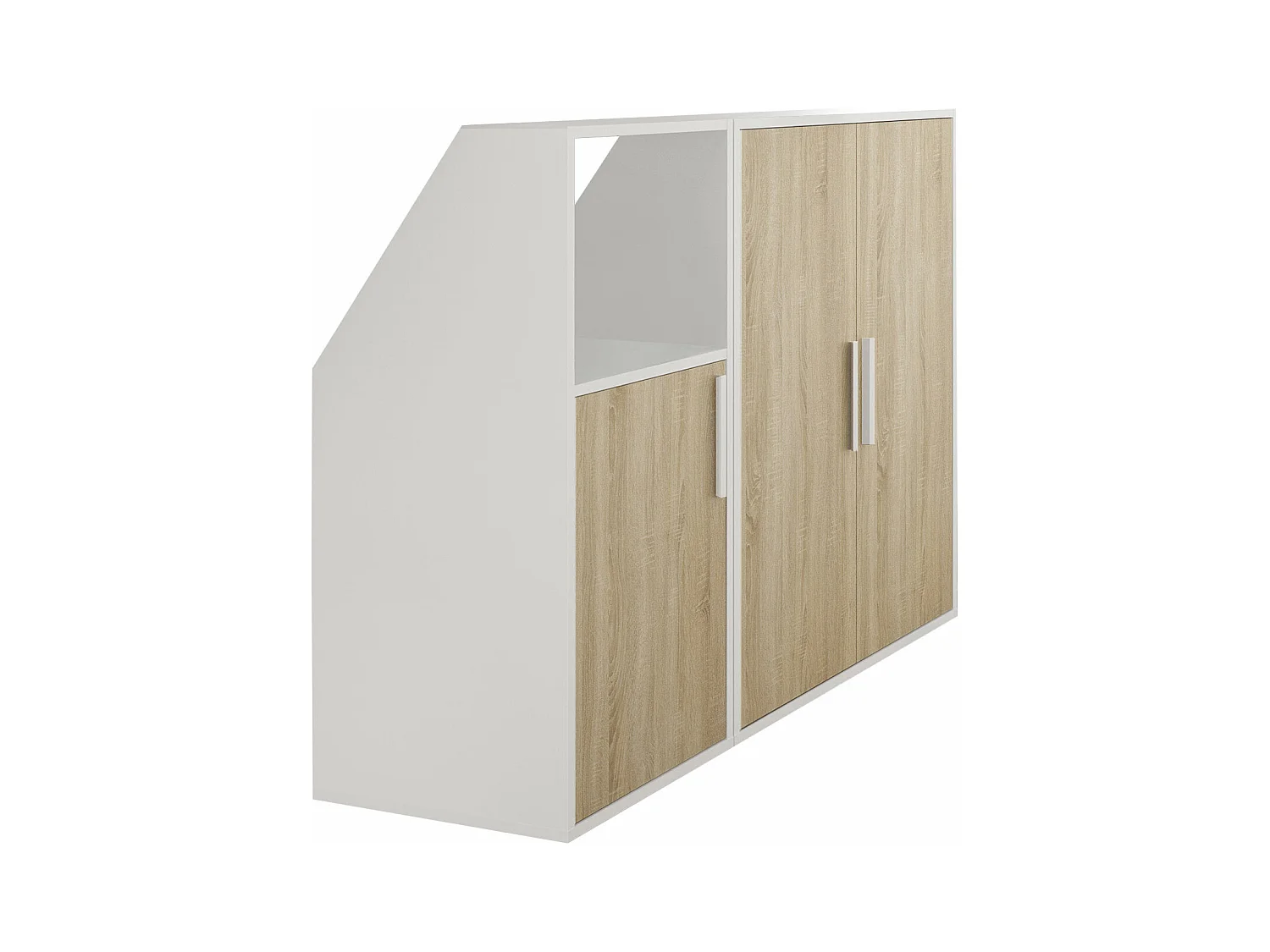 Schrank unter Dachschräge mit 3 Türen & 1 Ablage - Weiß & Holzfarben - ADEZIO