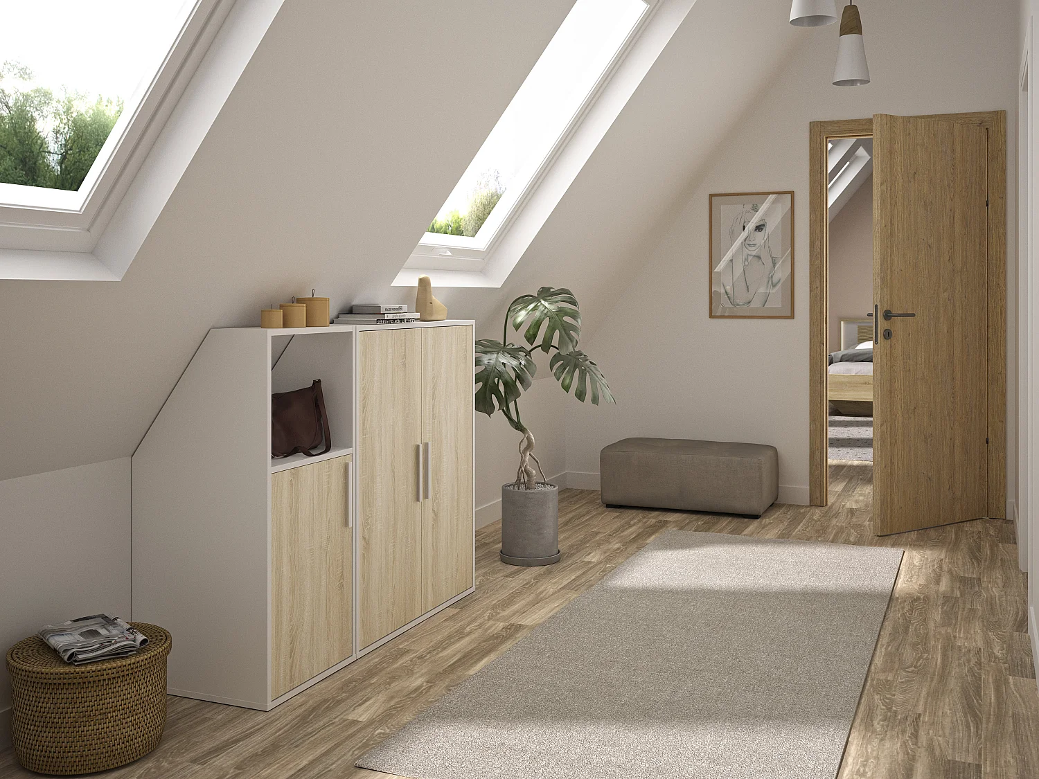 Meuble sous pente 3 portes et 1 niche - Blanc et naturel - ADEZIO