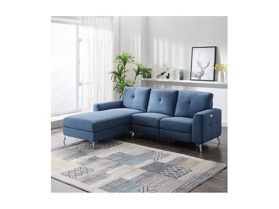 Canape dangle gauche avec 1 place relax electrique + coffre - Tissu Bleu - L 260 x P 51 x H 90 cm - FRANKLIN