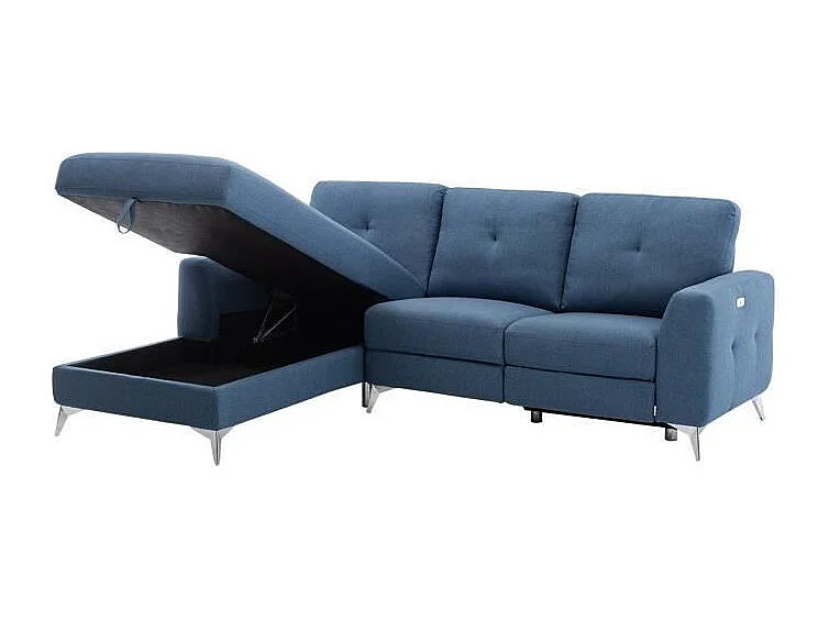Canape dangle gauche avec 1 place relax electrique + coffre - Tissu Bleu - L 260 x P 51 x H 90 cm - FRANKLIN