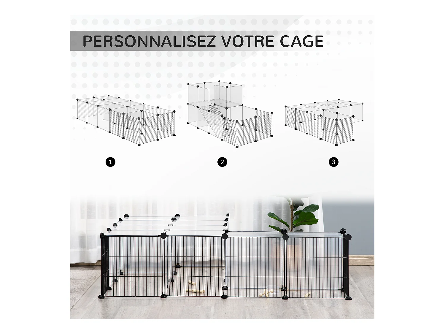 PawHut Cage parc enclos modulable petits animaux de compagnie - dim. standards 140L x 70l x 70H cm - 27 panneaux bords arrondis - résine PP fils d'acier noir