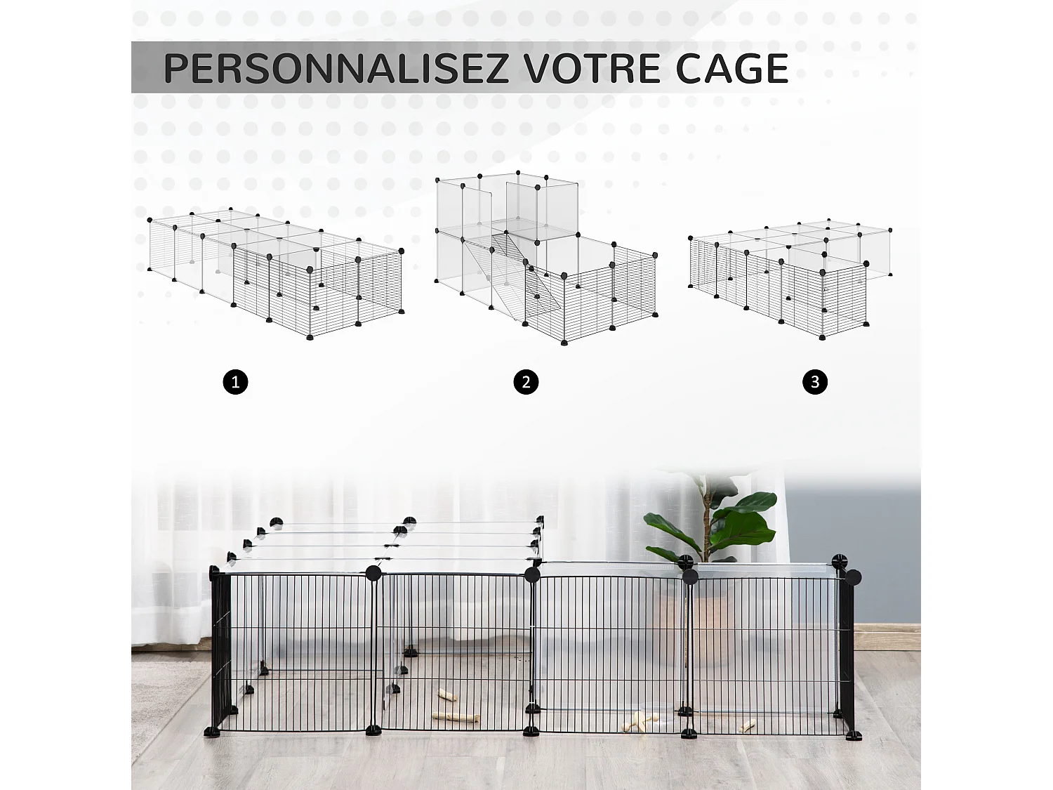 PawHut Cage parc enclos modulable petits animaux de compagnie - dim. standards 140L x 70l x 70H cm - 27 panneaux bords arrondis - résine PP fils d'acier noir