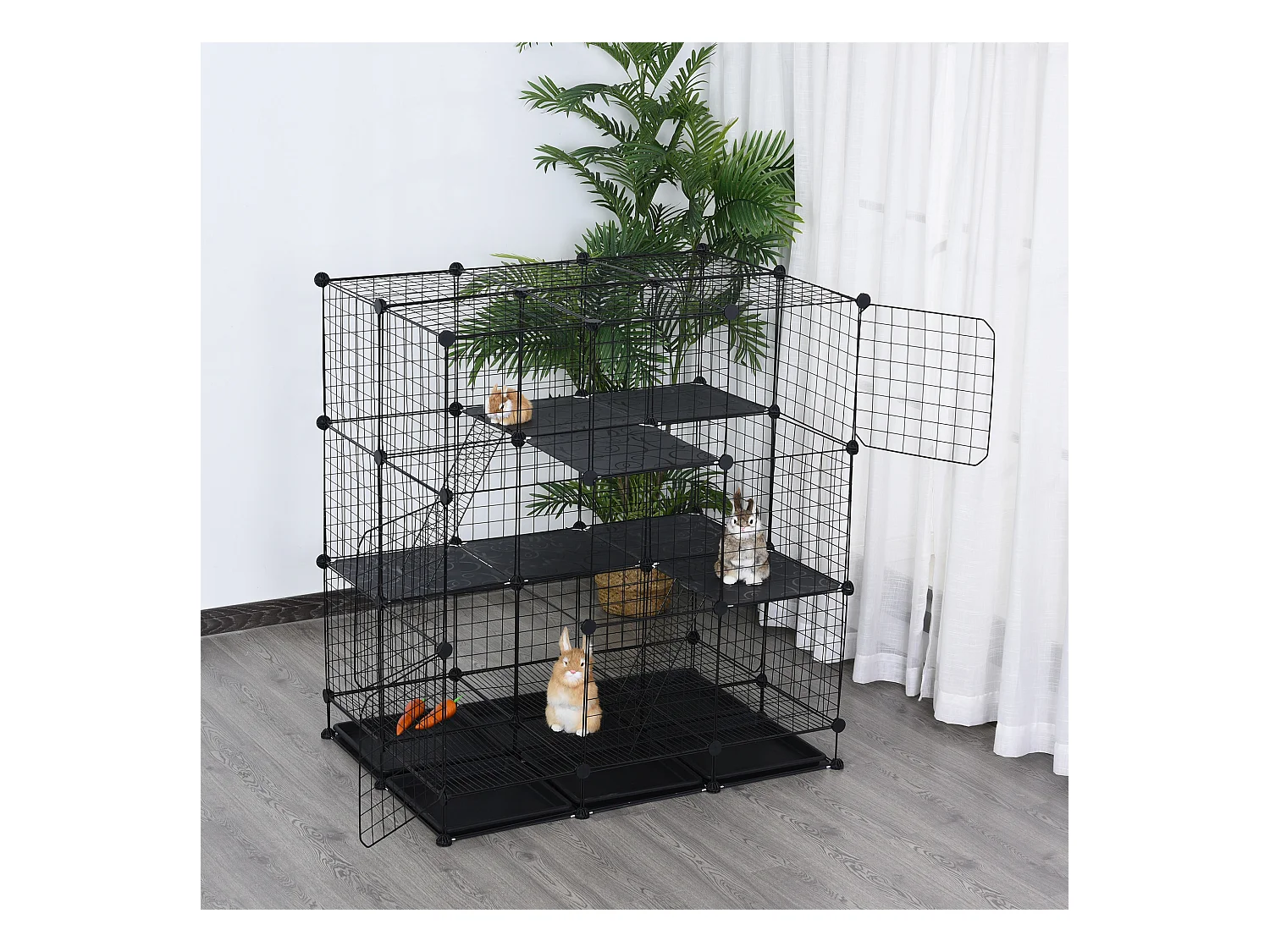 Cage parc enclos rongeurs modulable dim. L 111 x l 75 x H 119 cm 3 niveaux 4 portes fil métallique noir