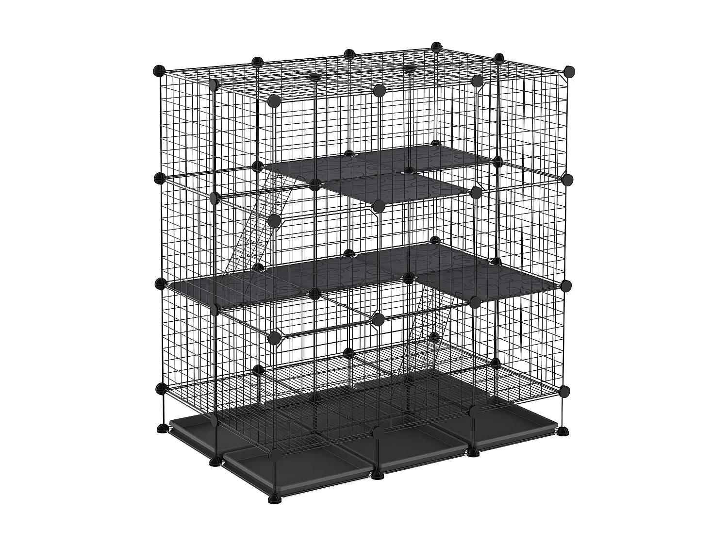 Cage parc enclos rongeurs modulable dim. L 111 x l 75 x H 119 cm 3 niveaux 4 portes fil métallique noir
