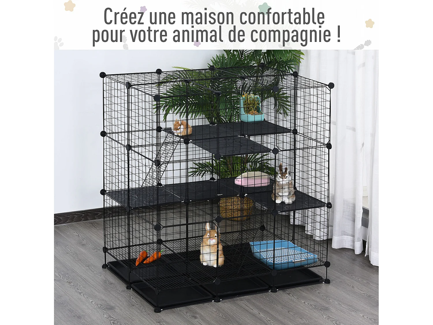 Cage parc enclos rongeurs modulable dim. L 111 x l 75 x H 119 cm 3 niveaux 4 portes fil métallique noir