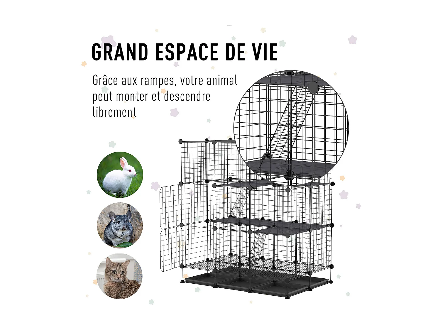 Cage parc enclos rongeurs modulable dim. L 111 x l 75 x H 119 cm 3 niveaux 4 portes fil métallique noir