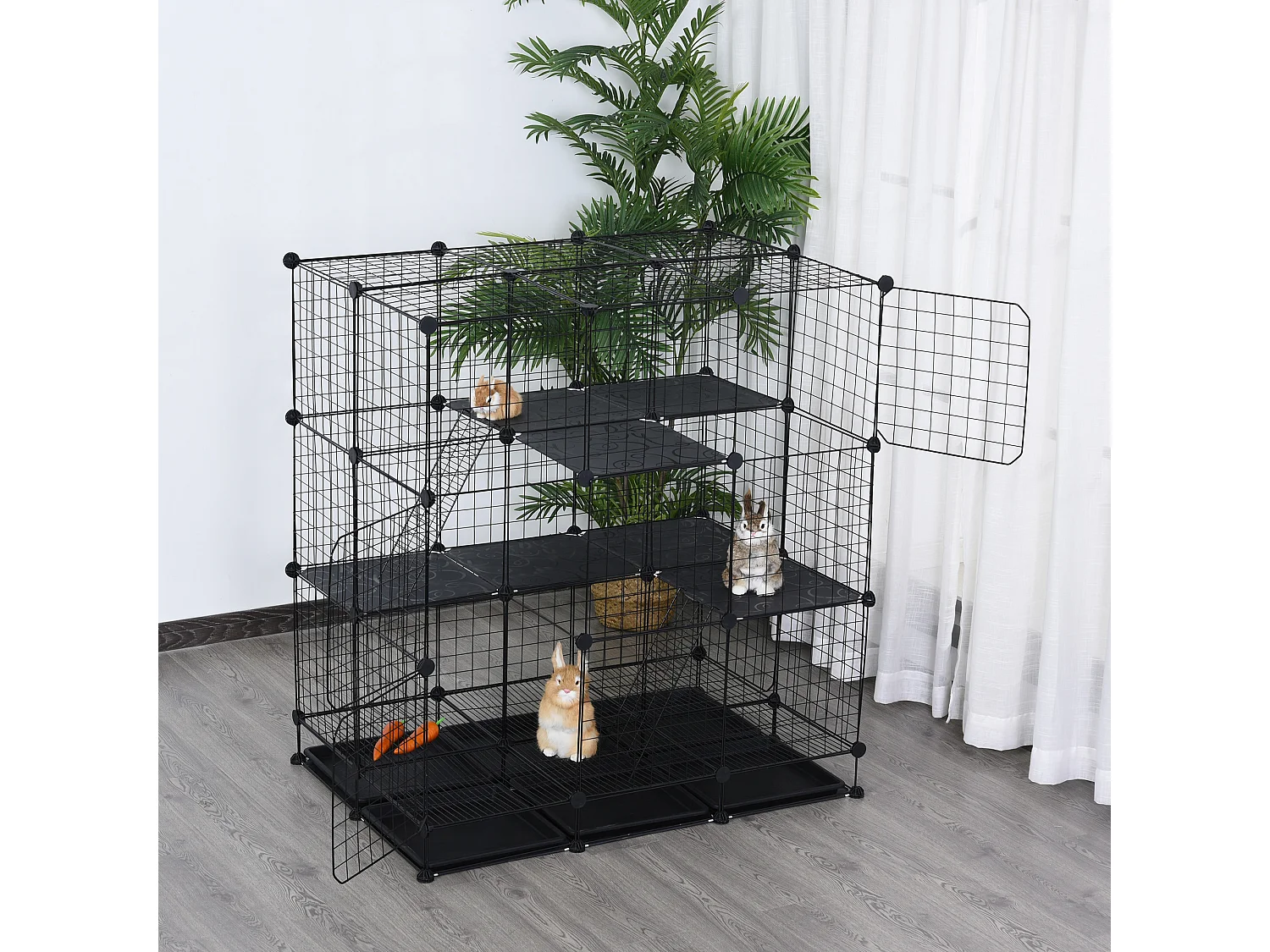 Cage parc enclos rongeurs modulable dim. L 111 x l 75 x H 119 cm 3 niveaux 4 portes fil métallique noir
