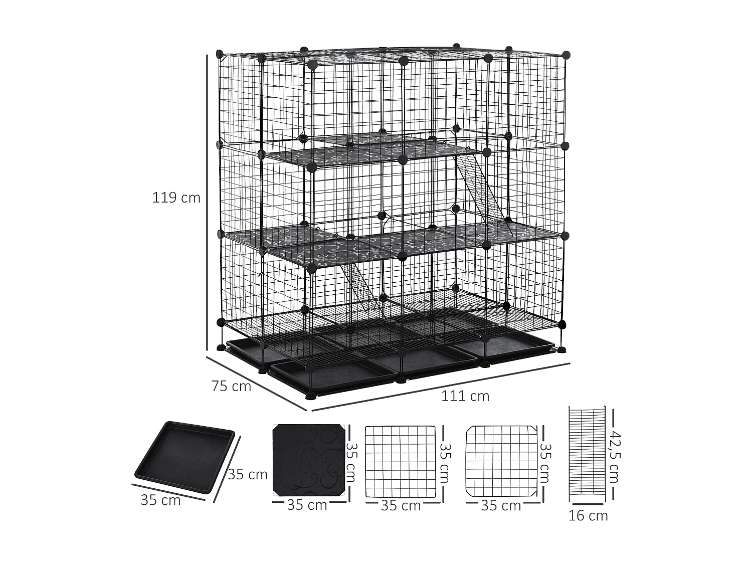 Cage parc enclos rongeurs modulable dim. L 111 x l 75 x H 119 cm 3 niveaux 4 portes fil métallique noir