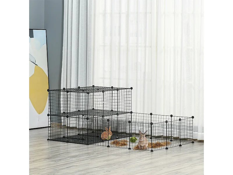 Cage parc enclos rongeurs modulable dim. L 175 x l 105 x H 70 cm 2 niveaux 2 portes rampe résine PP fil métallique noir