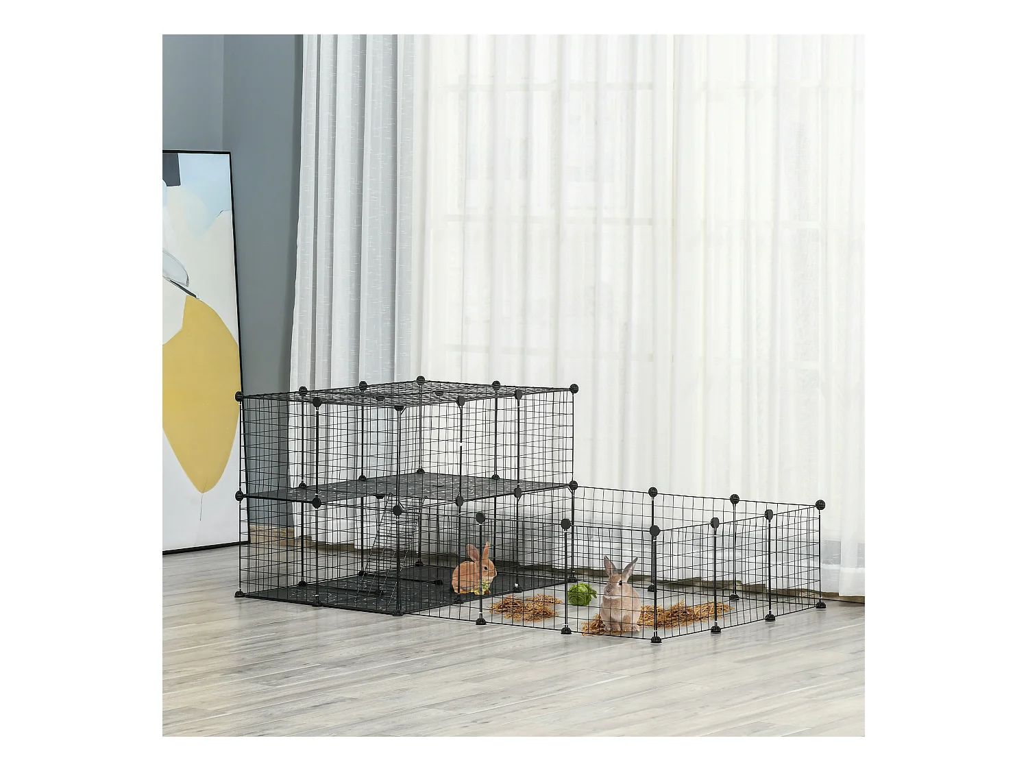 Cage parc enclos rongeurs modulable dim. L 175 x l 105 x H 70 cm 2 niveaux 2 portes rampe résine PP fil métallique noir