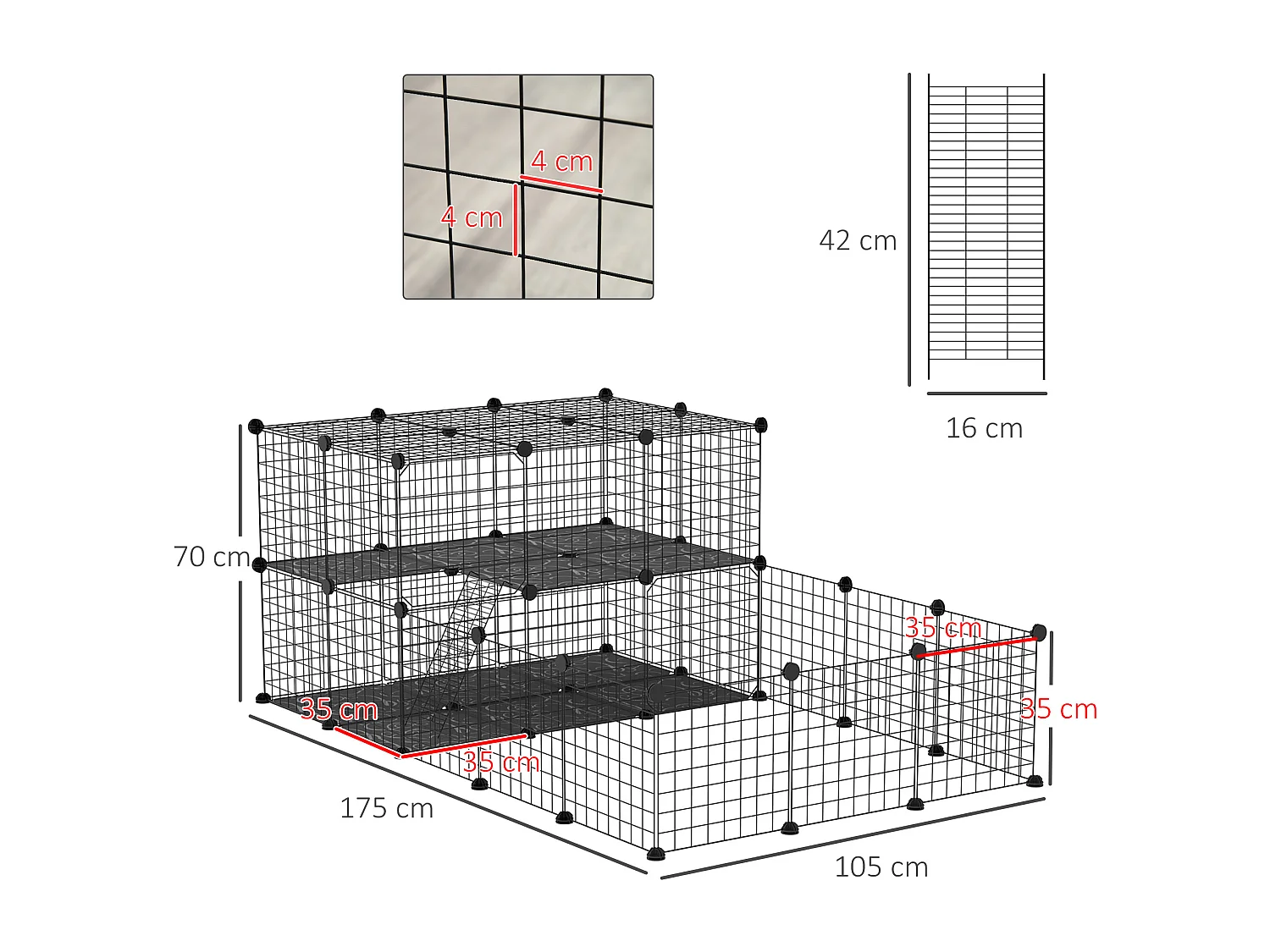 Cage parc enclos rongeurs modulable dim. L 175 x l 105 x H 70 cm 2 niveaux 2 portes rampe résine PP fil métallique noir