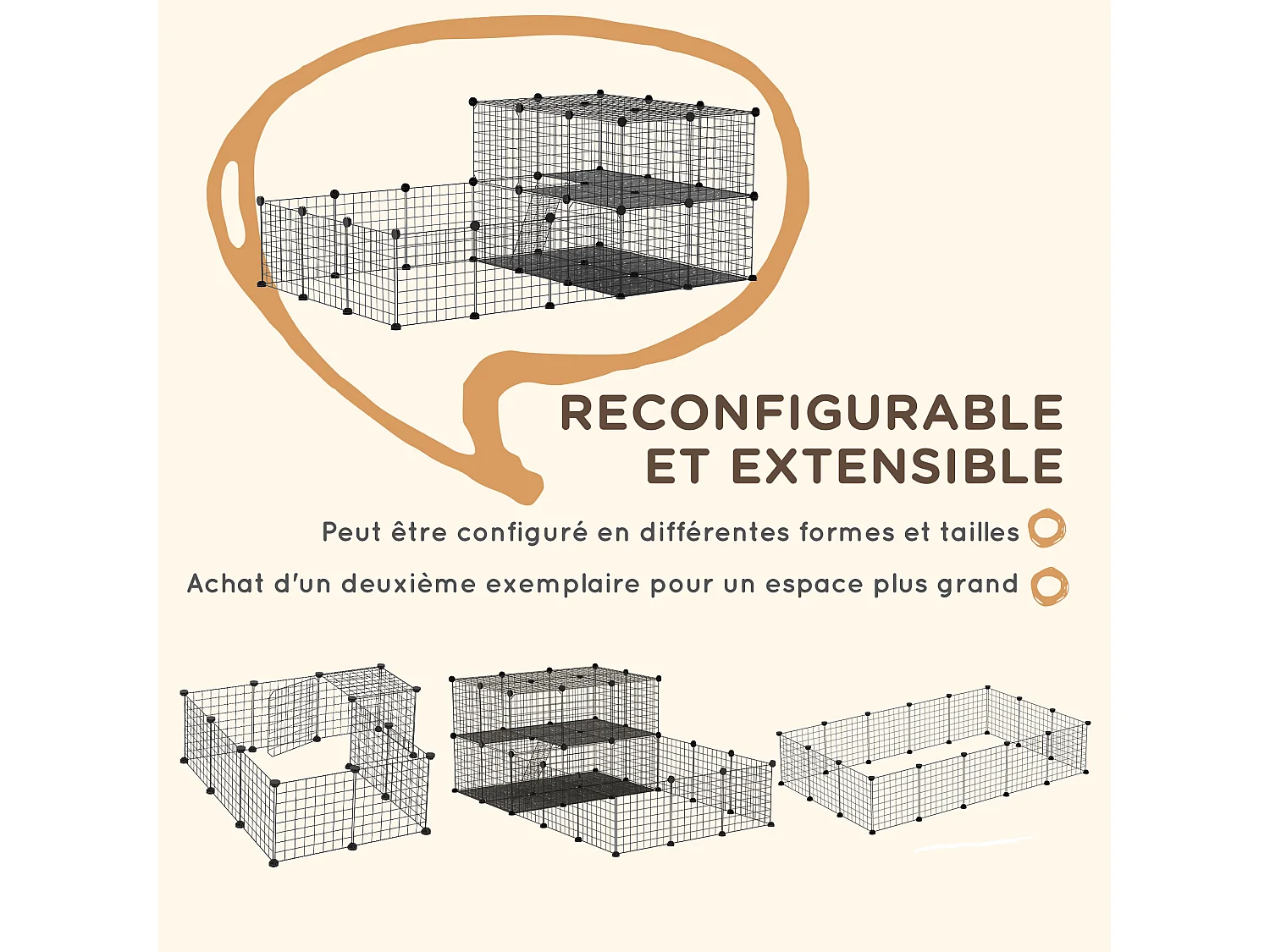 Cage parc enclos rongeurs modulable dim. L 175 x l 105 x H 70 cm 2 niveaux 2 portes rampe résine PP fil métallique noir