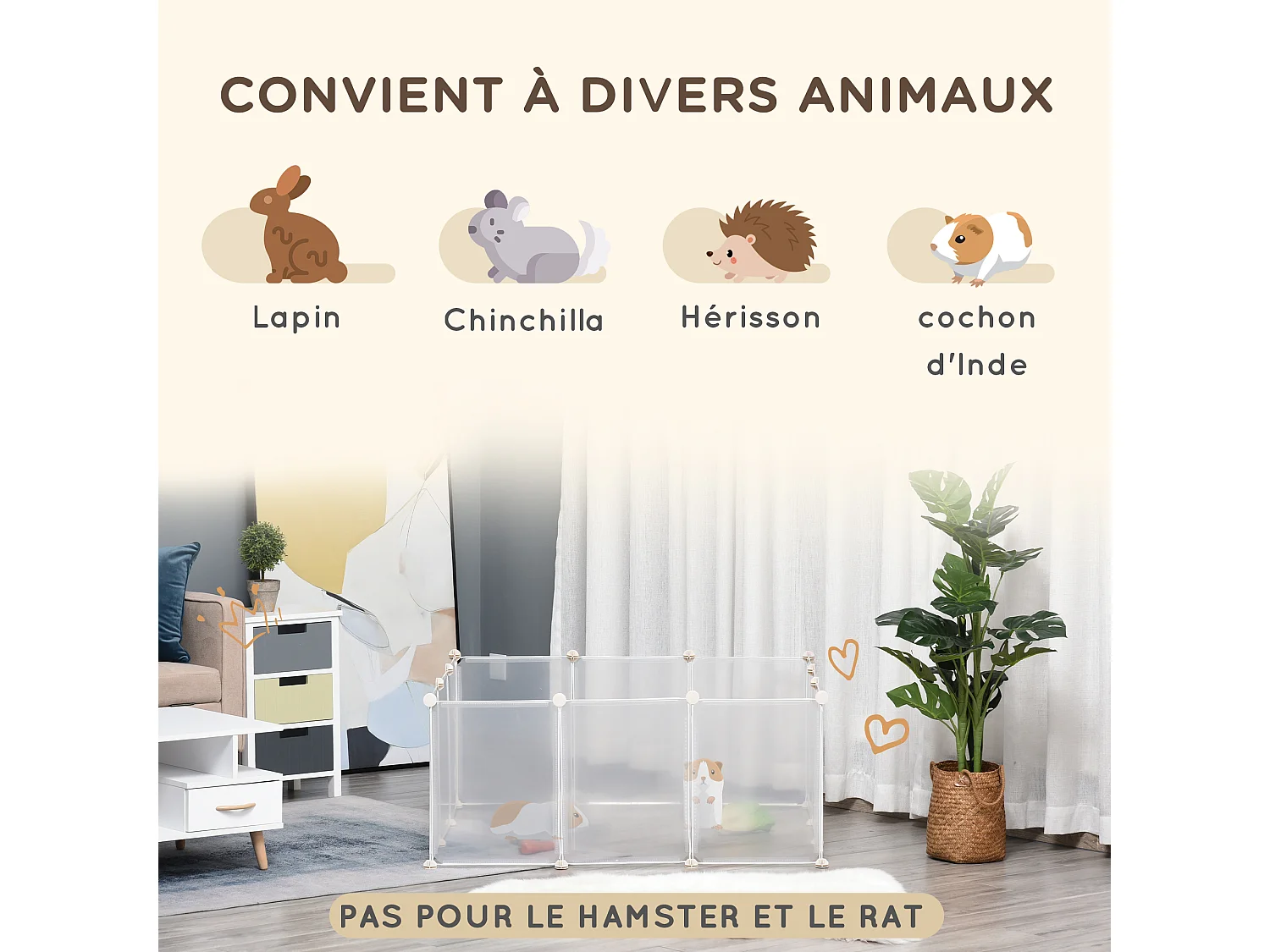 Cage parc enclos modulable petits animaux - dim. 105L x 105l x 45H cm - 12 panneaux résine PP opaque