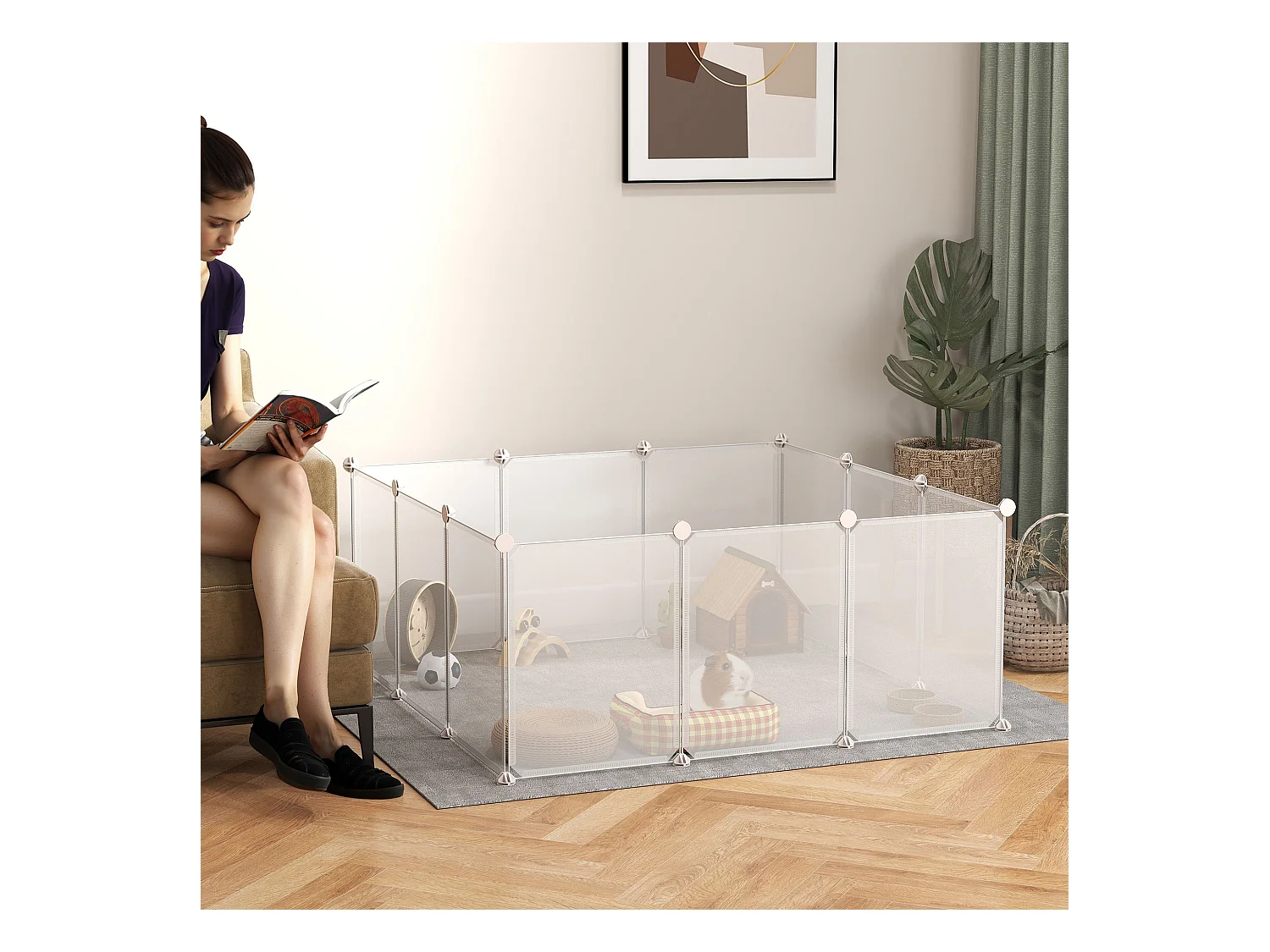 Cage parc enclos modulable petits animaux - dim. 105L x 105l x 45H cm - 12 panneaux résine PP opaque