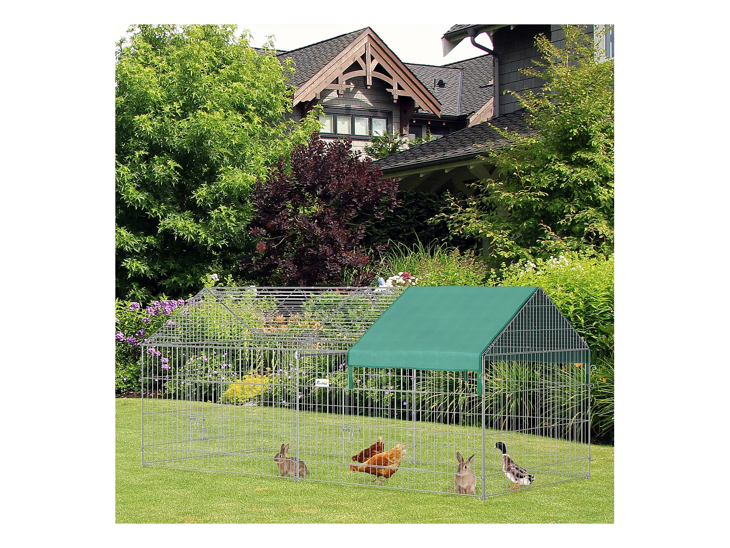 PawHut Parc enclos métal époxy cage extérieure dim. 2,20L x 1,03l x 1,03H m 3 portes et trappe surface abrité PE vert