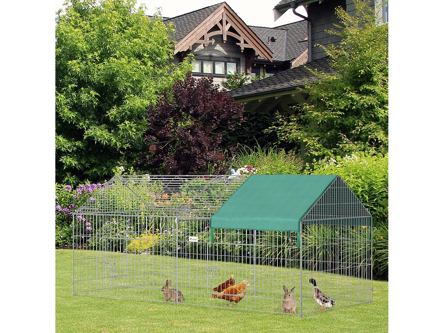 PawHut Parc enclos métal époxy cage extérieure dim. 2,20L x 1,03l x 1,03H m 3 portes et trappe surface abrité PE vert