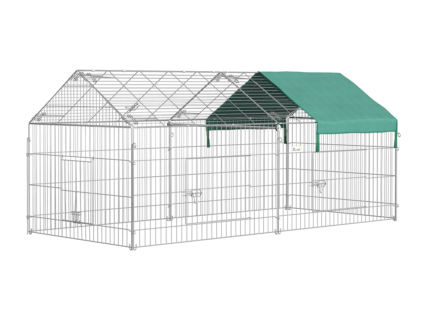 PawHut Parc enclos métal époxy cage extérieure dim. 2,20L x 1,03l x 1,03H m 3 portes et trappe surface abrité PE vert
