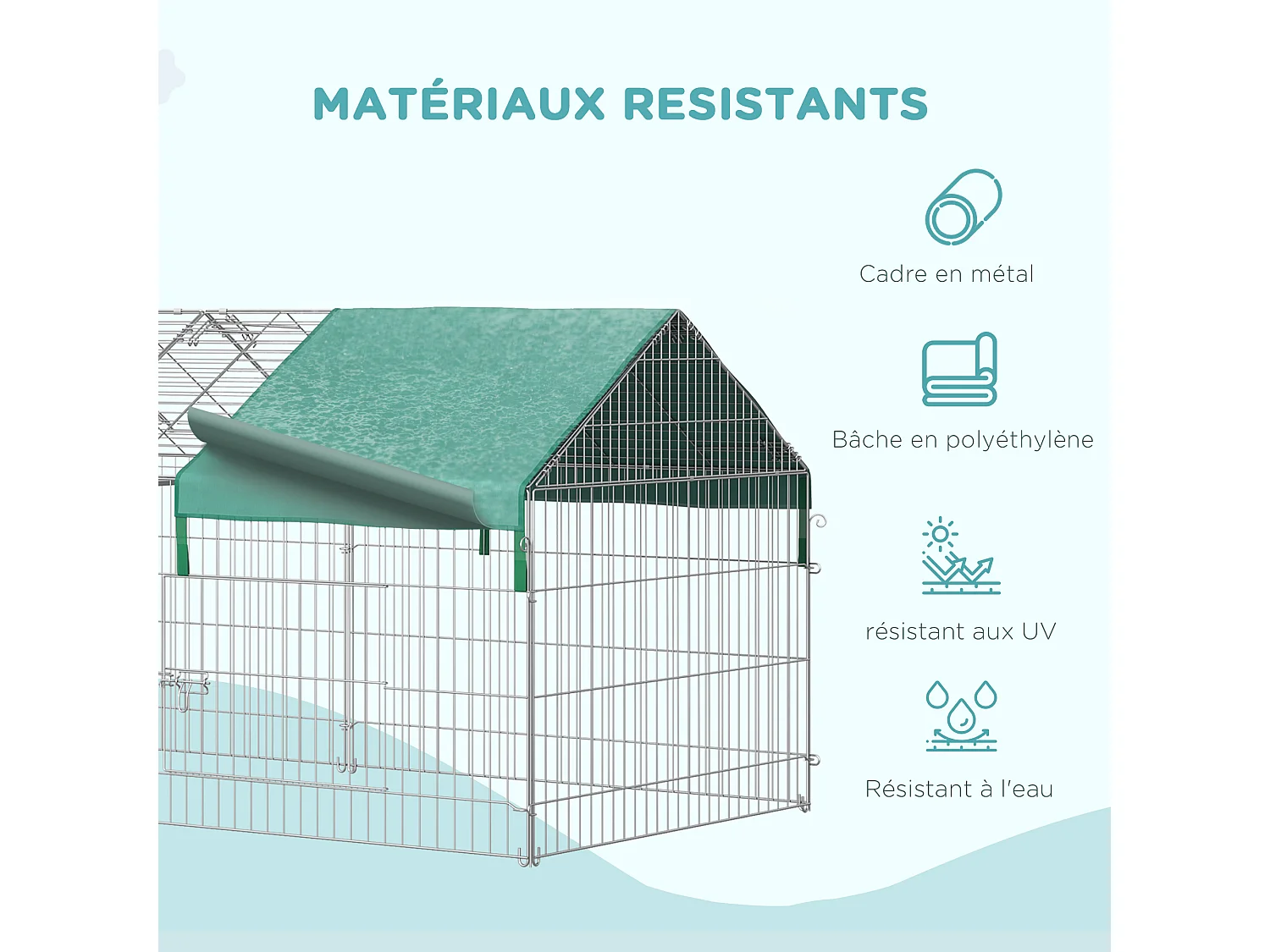 PawHut Parc enclos métal époxy cage extérieure dim. 2,20L x 1,03l x 1,03H m 3 portes et trappe surface abrité PE vert