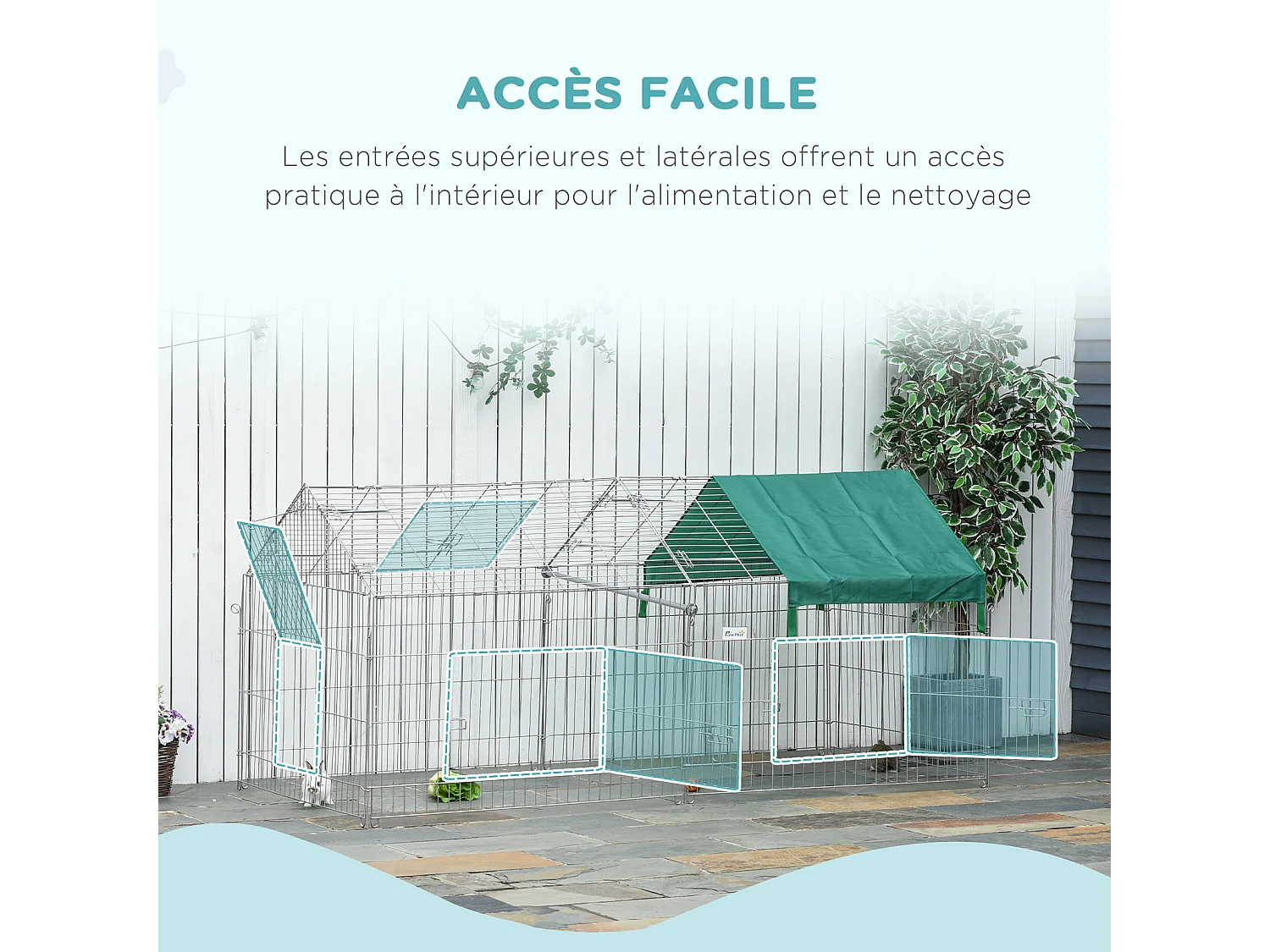 PawHut Parc enclos métal époxy cage extérieure dim. 2,20L x 1,03l x 1,03H m 3 portes et trappe surface abrité PE vert