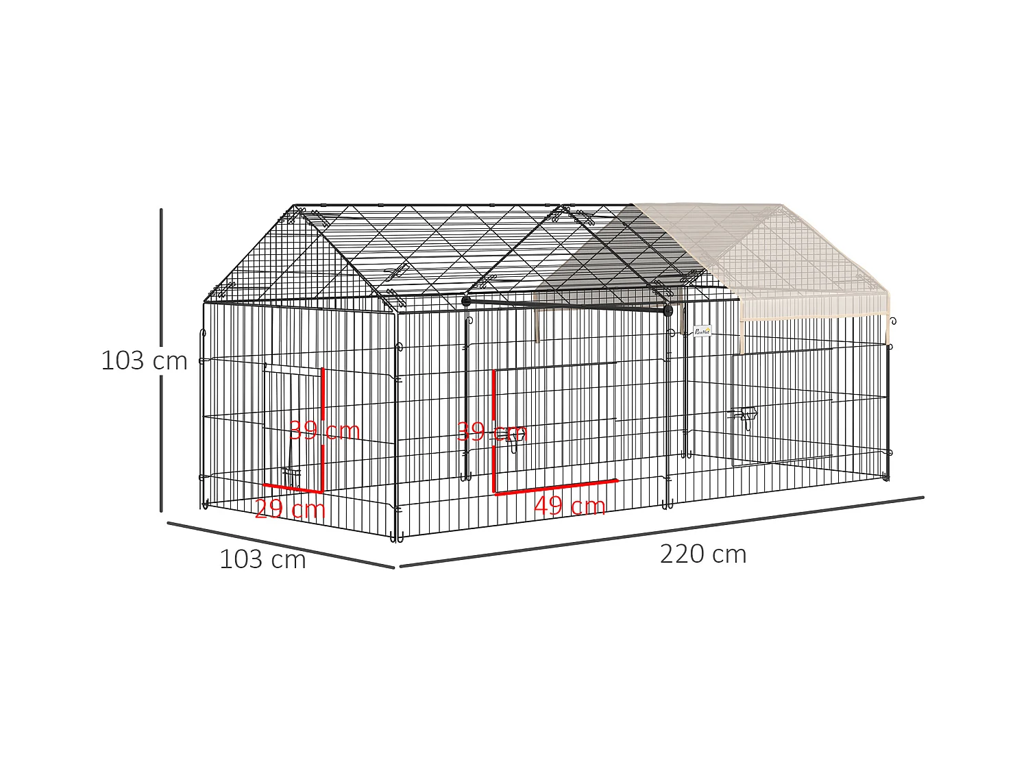 Parc enclos métal époxy cage extérieure dim. 2,20L x 1,03l x 1,03H m 3 portes et trappe surface abrité PE beige