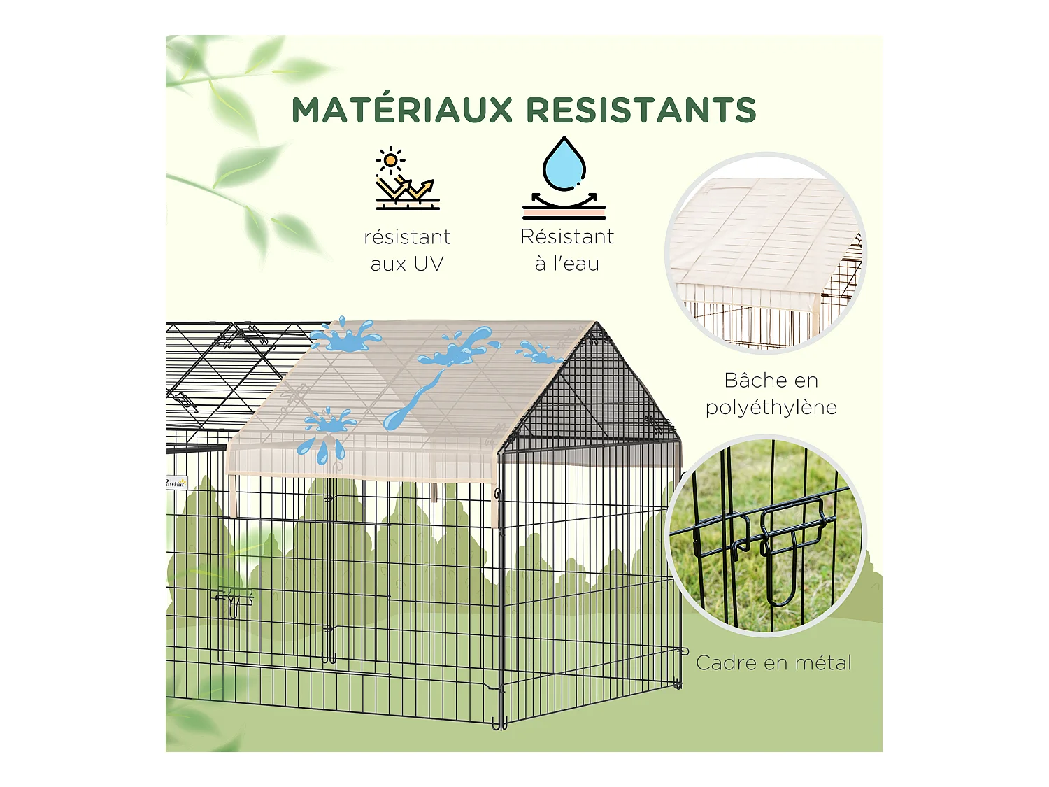 Parc enclos métal époxy cage extérieure dim. 2,20L x 1,03l x 1,03H m 3 portes et trappe surface abrité PE beige