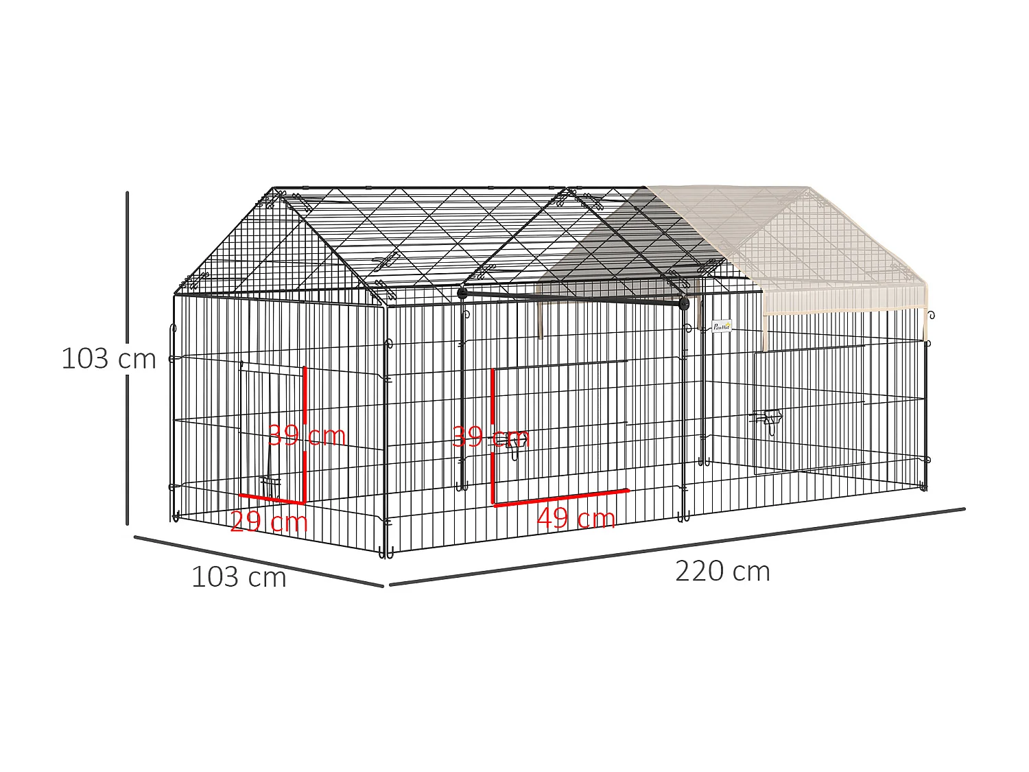 Parc enclos métal époxy cage extérieure dim. 2,20L x 1,03l x 1,03H m 3 portes et trappe surface abrité PE beige