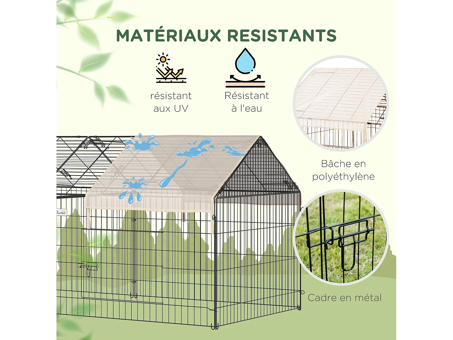 Parc enclos métal époxy cage extérieure dim. 2,20L x 1,03l x 1,03H m 3 portes et trappe surface abrité PE beige