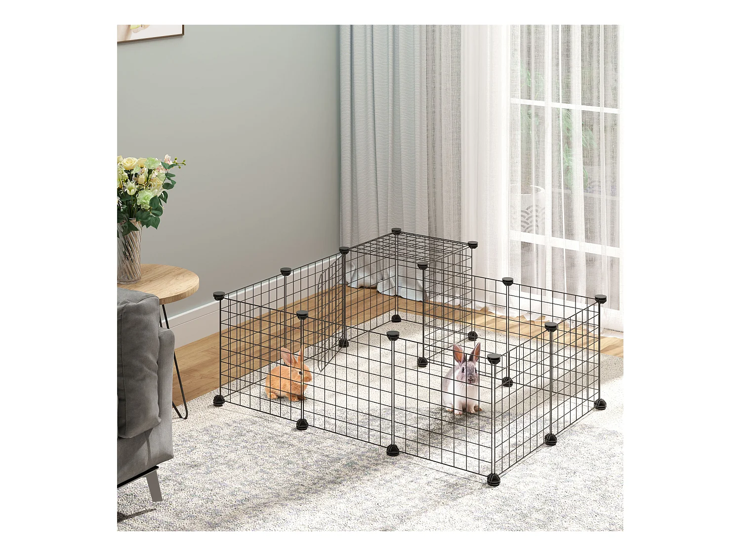 Cage parc enclos rongeurs modulable dim. L 105 x l 105 x H 70 cm 2 niveaux 2 portes rampe résine PP fil métallique noir