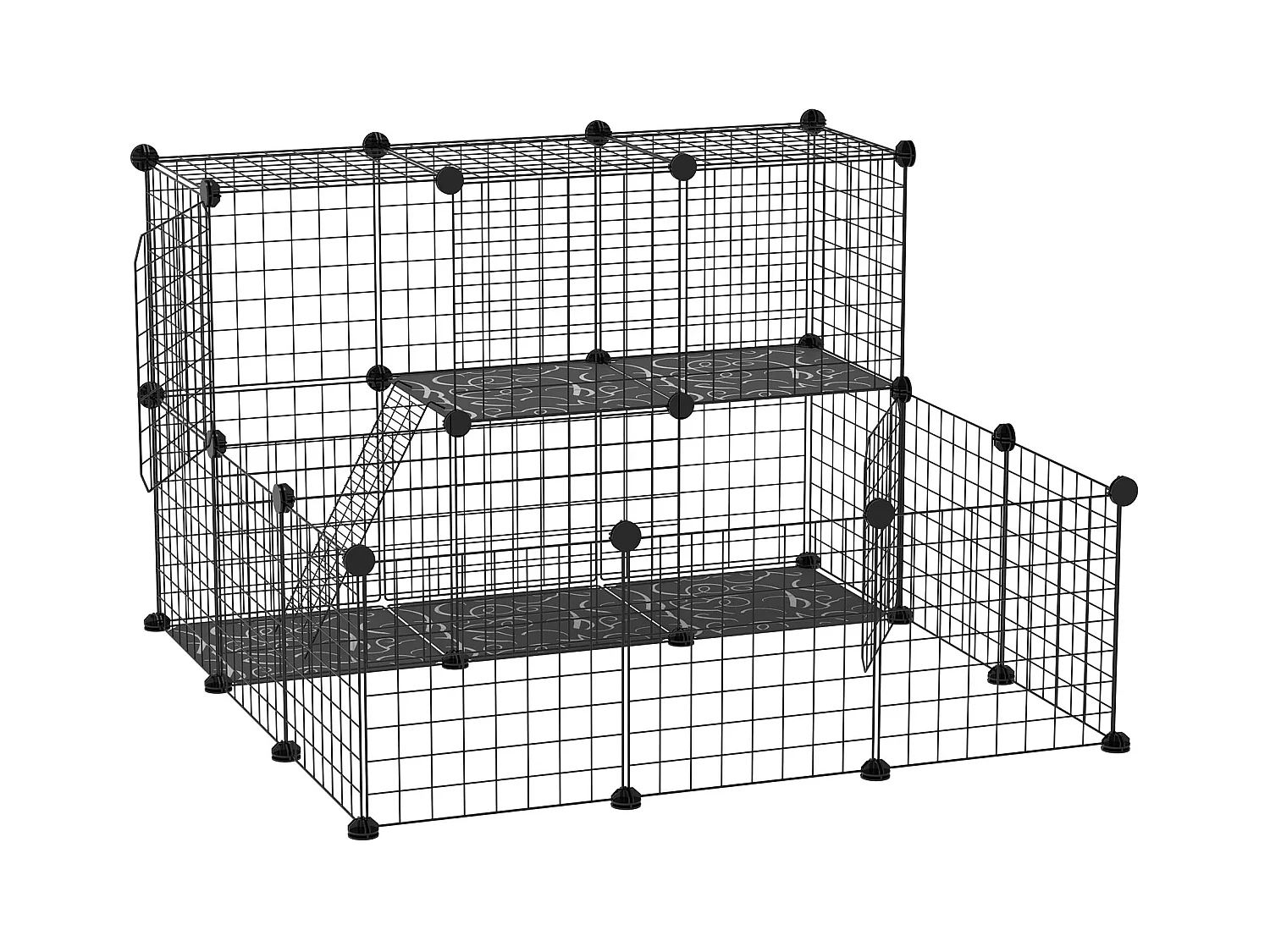 Cage parc enclos rongeurs modulable dim. L 105 x l 105 x H 70 cm 2 niveaux 2 portes rampe résine PP fil métallique noir