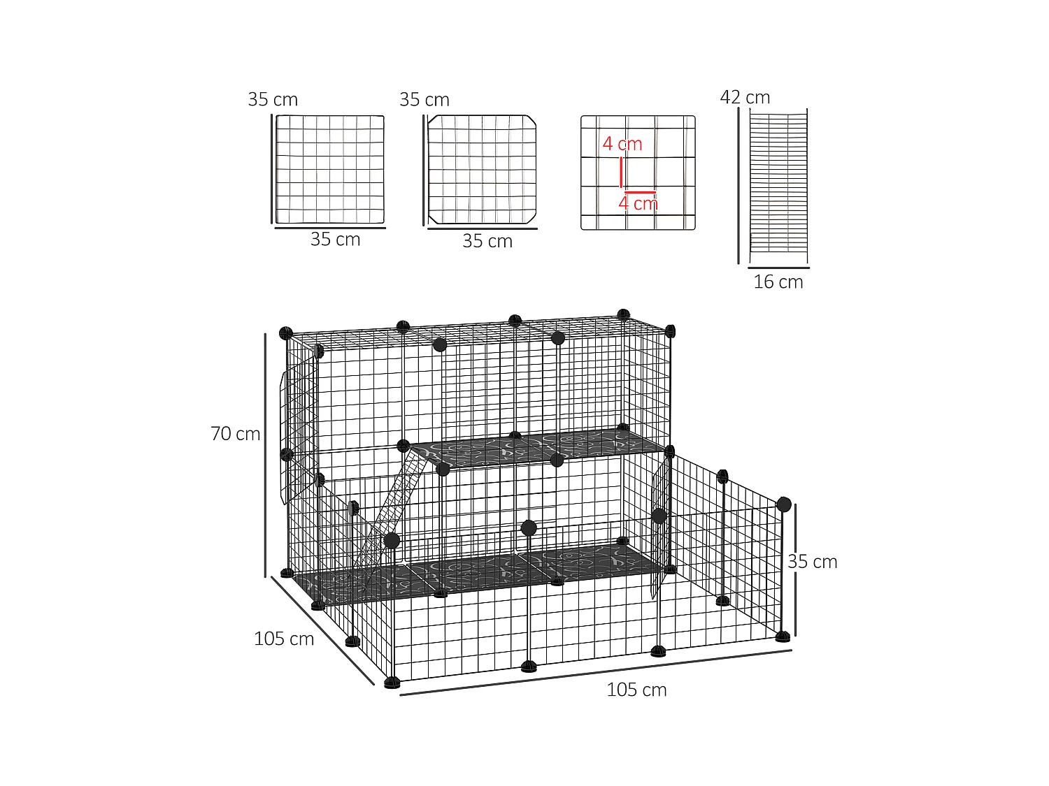 Cage parc enclos rongeurs modulable dim. L 105 x l 105 x H 70 cm 2 niveaux 2 portes rampe résine PP fil métallique noir