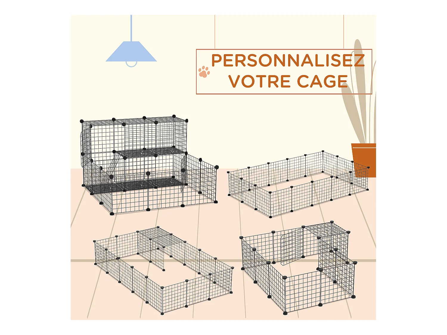 Cage parc enclos rongeurs modulable dim. L 105 x l 105 x H 70 cm 2 niveaux 2 portes rampe résine PP fil métallique noir