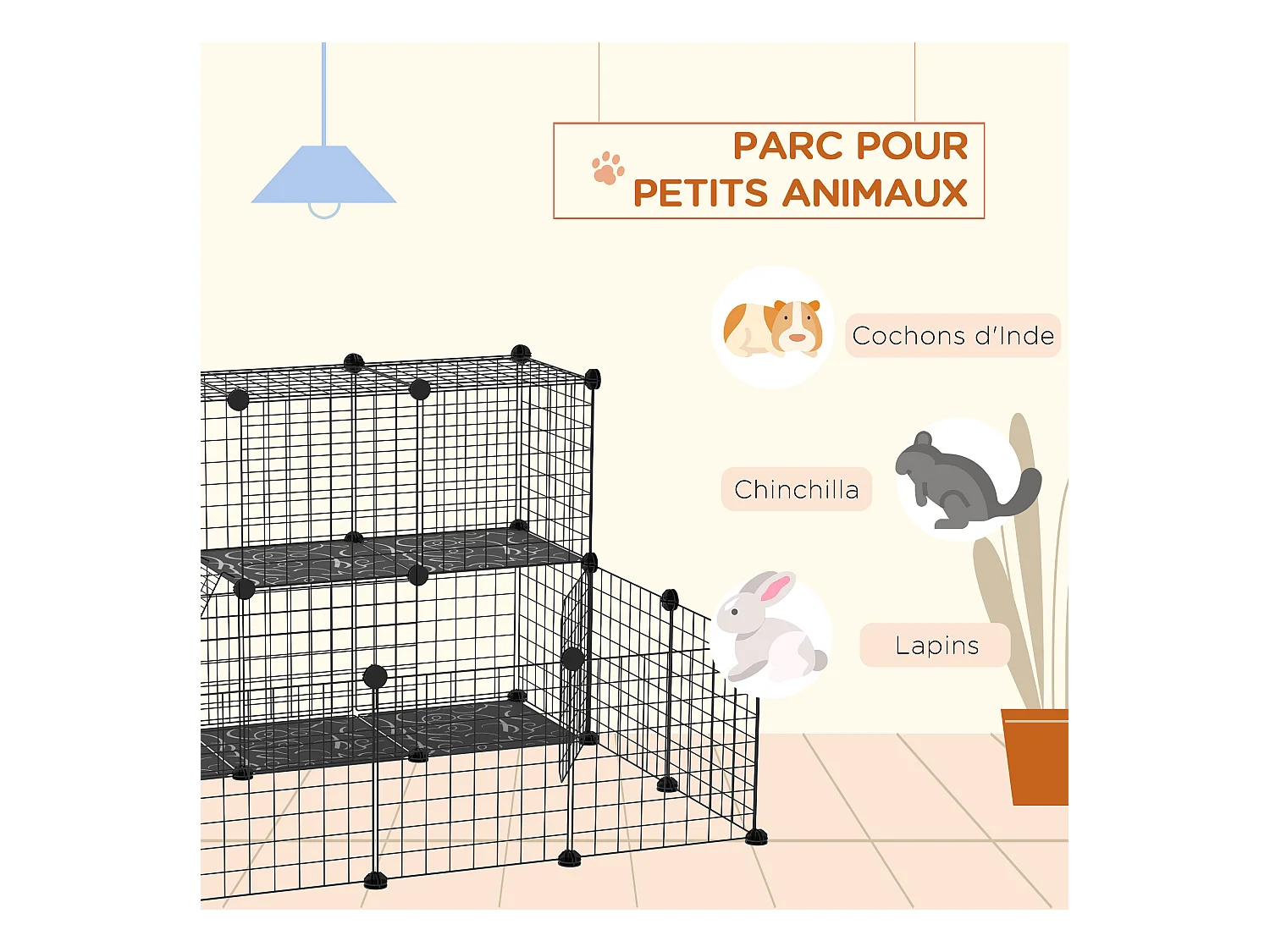 Cage parc enclos rongeurs modulable dim. L 105 x l 105 x H 70 cm 2 niveaux 2 portes rampe résine PP fil métallique noir
