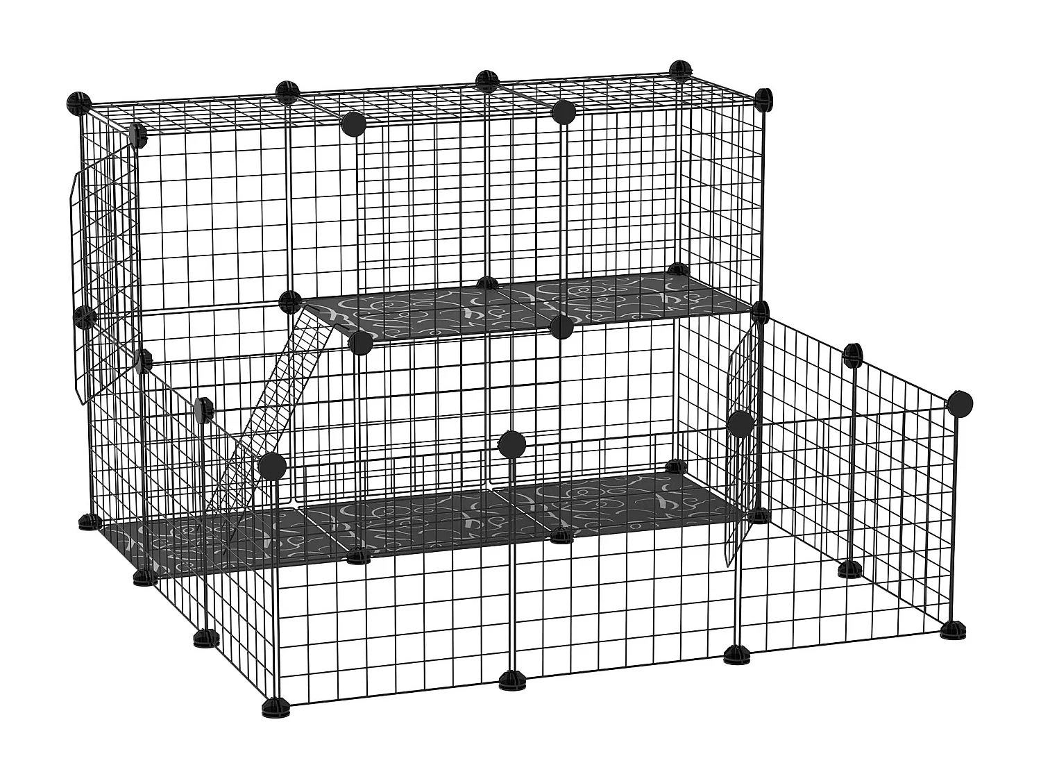 Cage parc enclos rongeurs modulable dim. L 105 x l 105 x H 70 cm 2 niveaux 2 portes rampe résine PP fil métallique noir