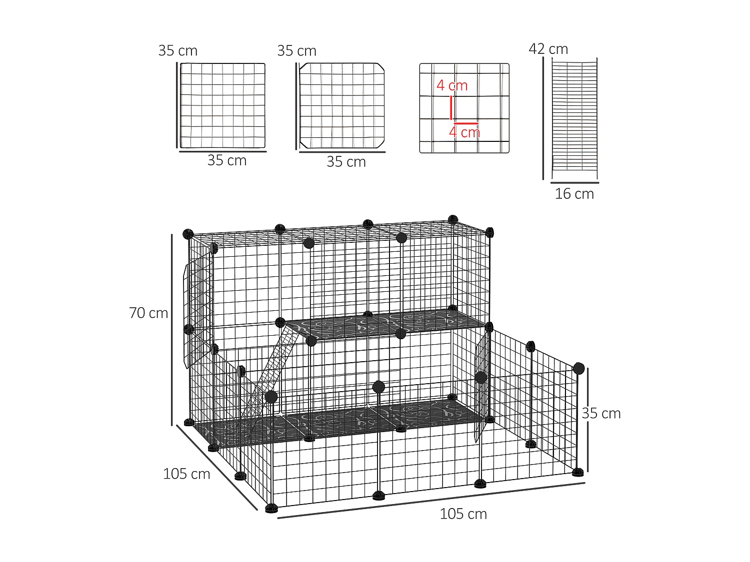 Cage parc enclos rongeurs modulable dim. L 105 x l 105 x H 70 cm 2 niveaux 2 portes rampe résine PP fil métallique noir