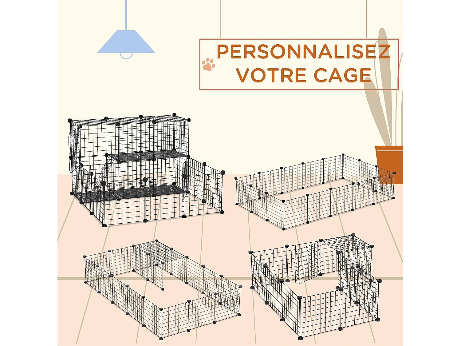 Cage parc enclos rongeurs modulable dim. L 105 x l 105 x H 70 cm 2 niveaux 2 portes rampe résine PP fil métallique noir