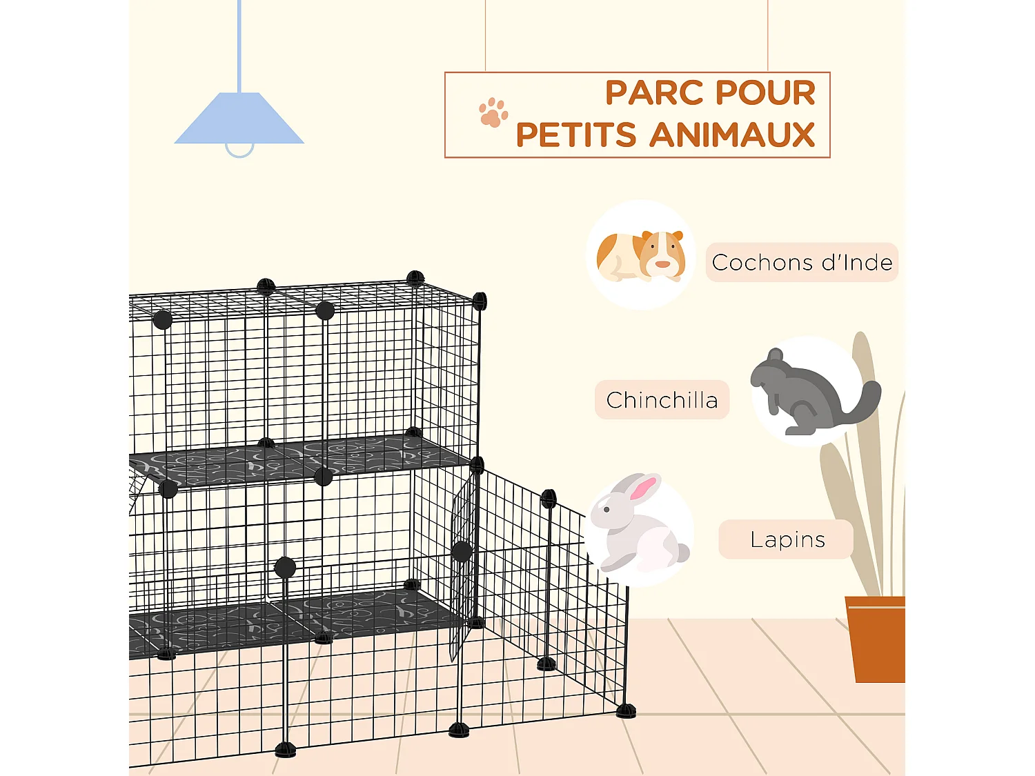 Cage parc enclos rongeurs modulable dim. L 105 x l 105 x H 70 cm 2 niveaux 2 portes rampe résine PP fil métallique noir