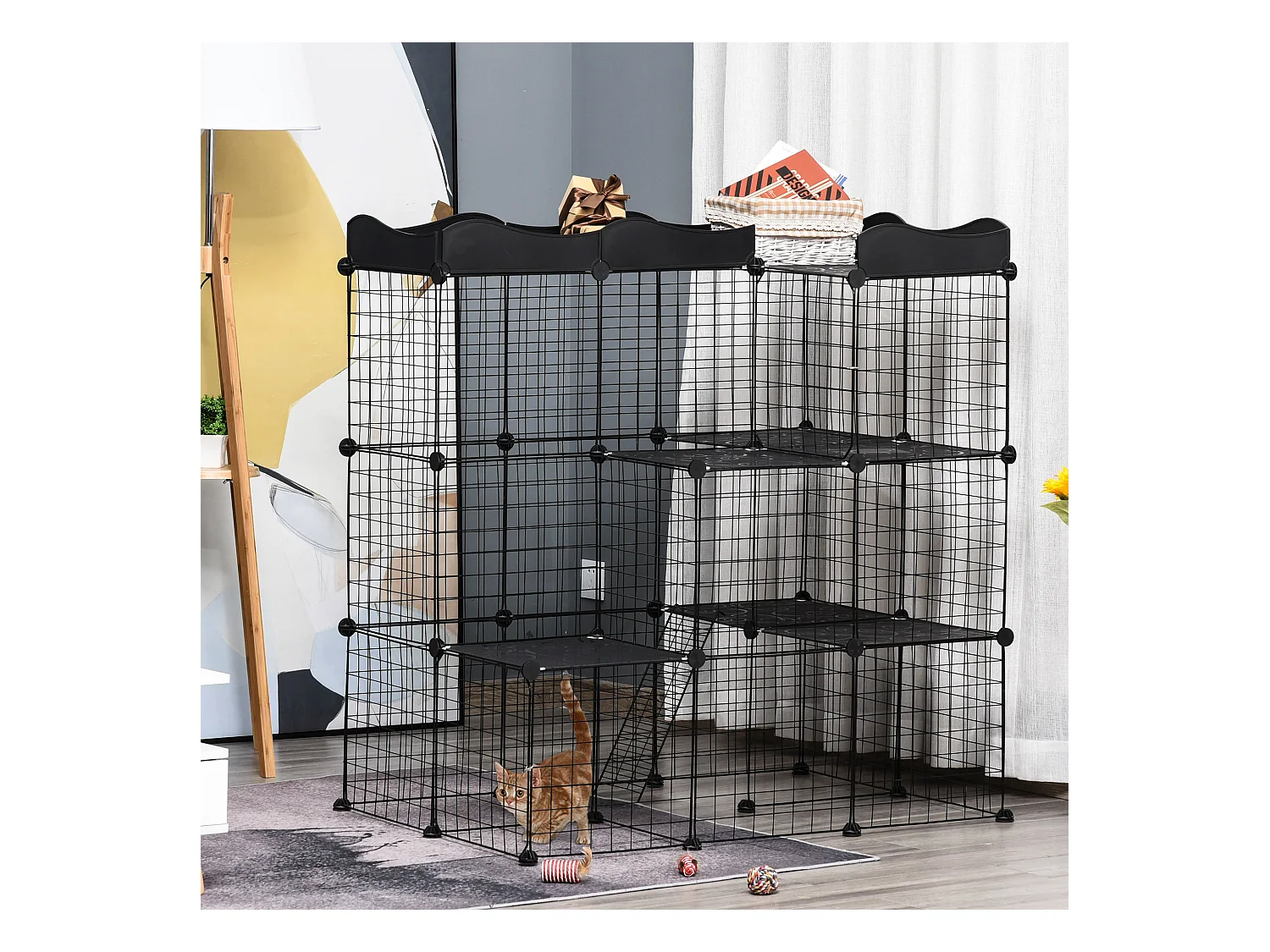 Cage parc enclos chat modulable dim. L105 x l70 x H105 cm 3 niveaux 2 portes rampe plateformes PE motif graphique fil métallique noir