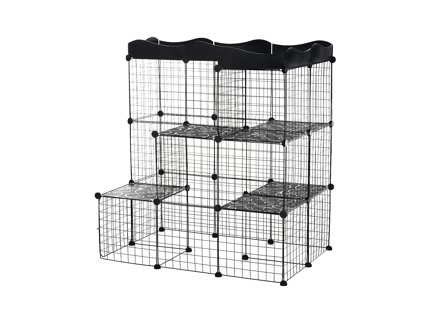 Cage parc enclos chat modulable dim. L105 x l70 x H105 cm 3 niveaux 2 portes rampe plateformes PE motif graphique fil métallique noir