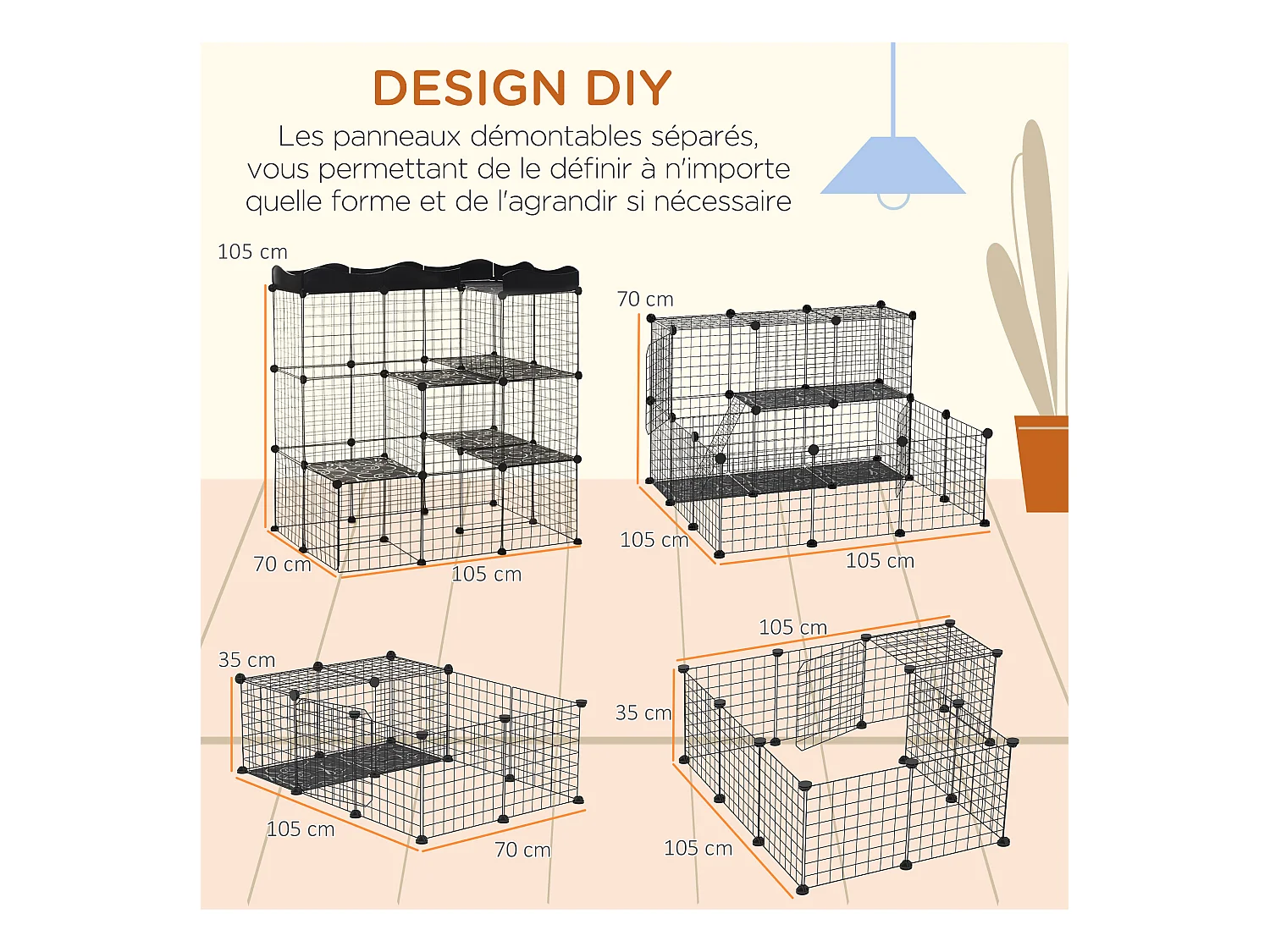 Cage parc enclos chat modulable dim. L105 x l70 x H105 cm 3 niveaux 2 portes rampe plateformes PE motif graphique fil métallique noir