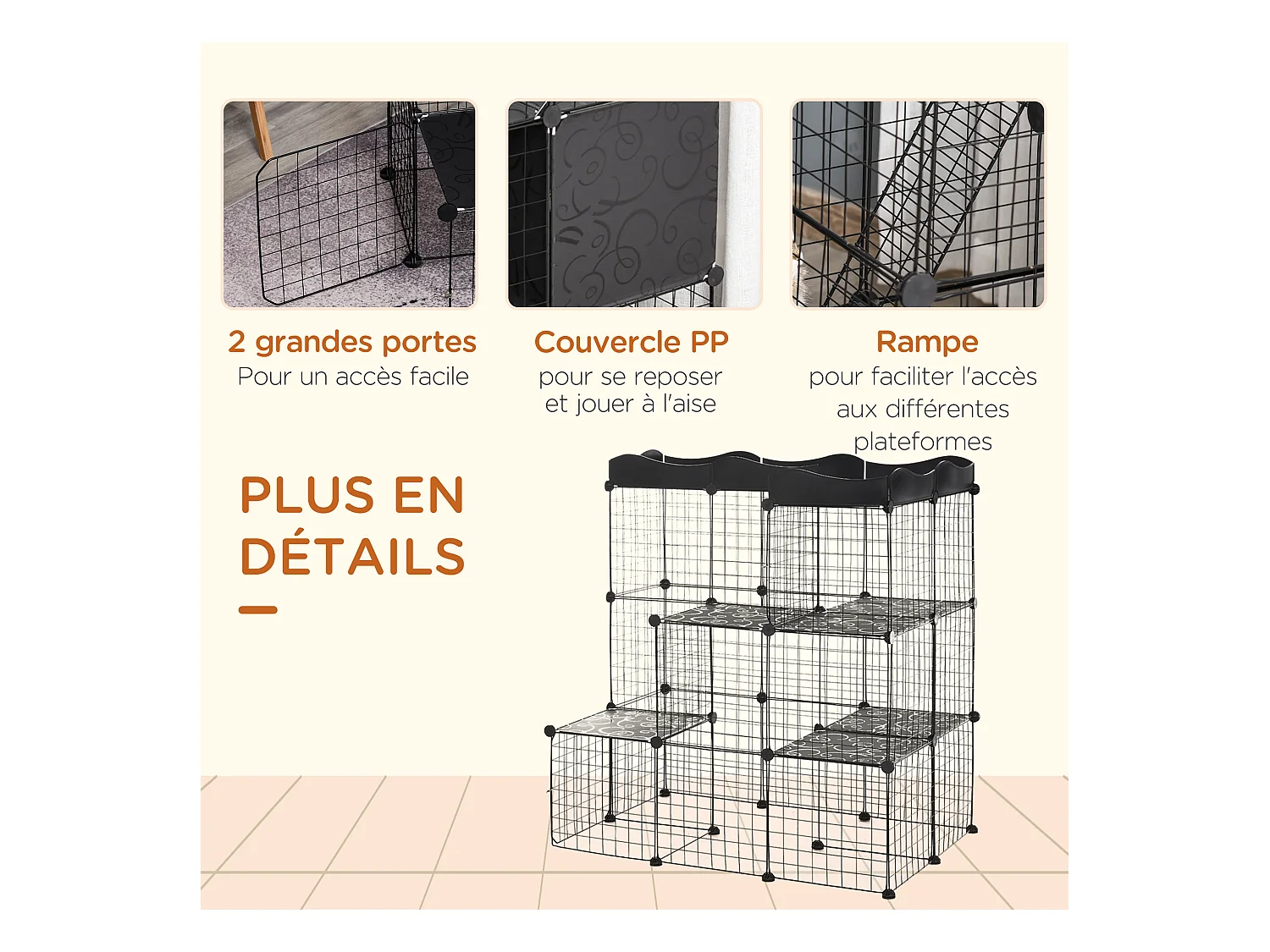 Cage parc enclos chat modulable dim. L105 x l70 x H105 cm 3 niveaux 2 portes rampe plateformes PE motif graphique fil métallique noir