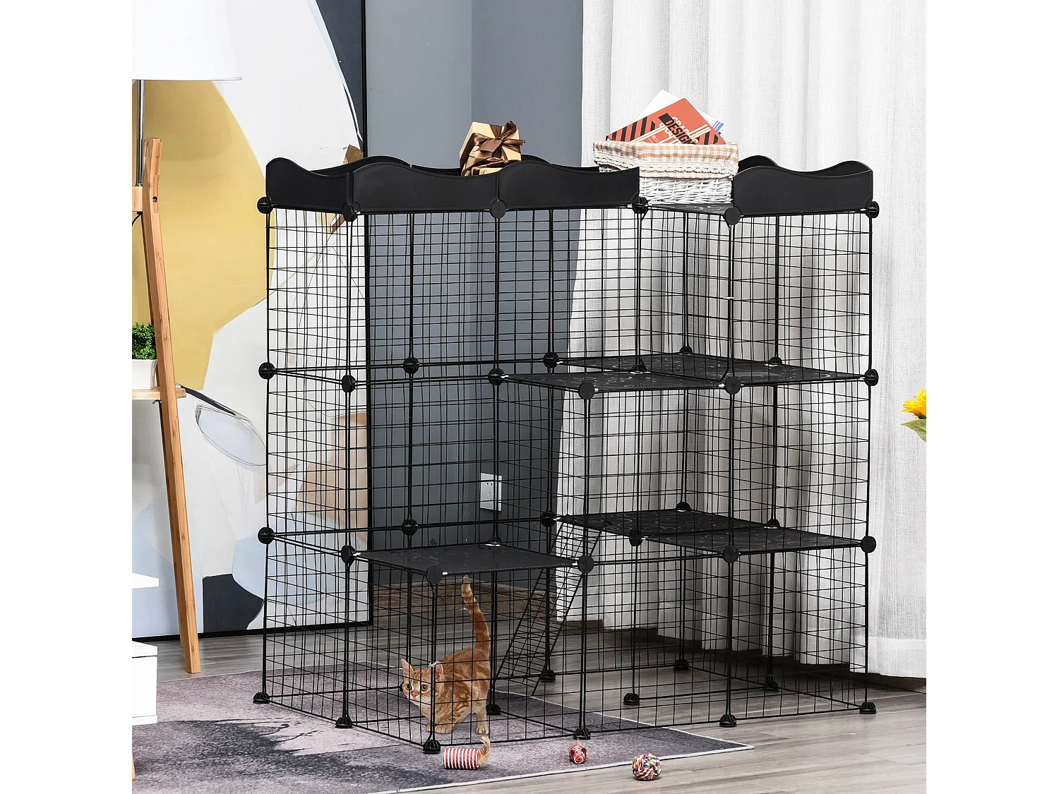 Cage parc enclos chat modulable dim. L105 x l70 x H105 cm 3 niveaux 2 portes rampe plateformes PE motif graphique fil métallique noir